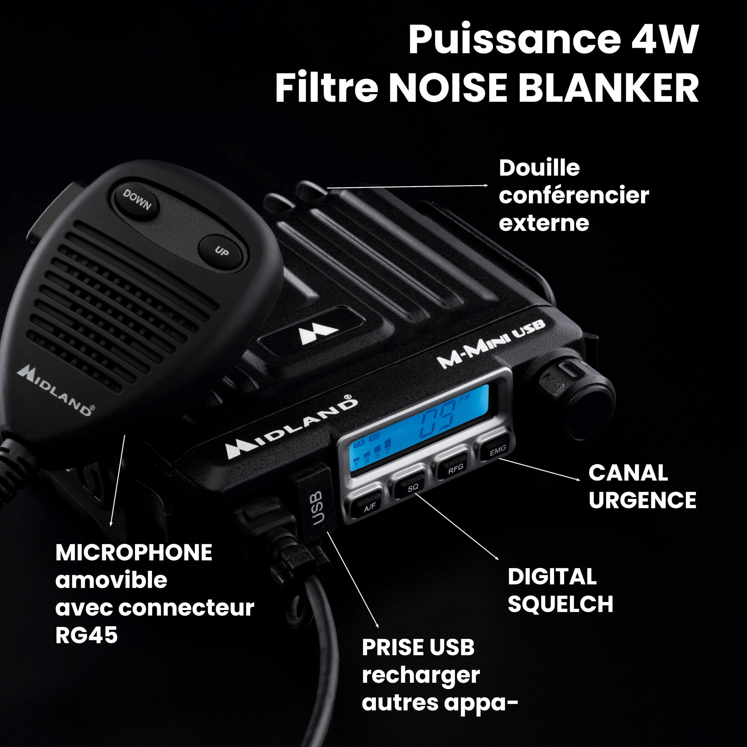 Midland - Radio CB M-MINI USB no Licence, Multibande EU 40 Canaux AM/FM, Radio Récepteur Émetteur Professionnel Écran LCD S-Meter, 2 Modes Squelch, Charge Rapide avec USB Enceinte Haut Parleur Externe
