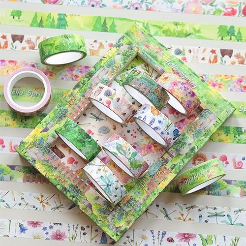 Miniatura 4 de YUBBAEX 10 Rollos Juego de Cinta Washi de Cuatro Estaciones Hierba Verde y Flores Cintas Decorativas de Enmascarar (Primavera)