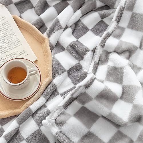Miniatura 10 de LOMAO Manta de franela con patrón de cuadrícula de ajedrez, suave, lujosa, cálida y acogedora para sofá y cama, para todas las estaciones (azul