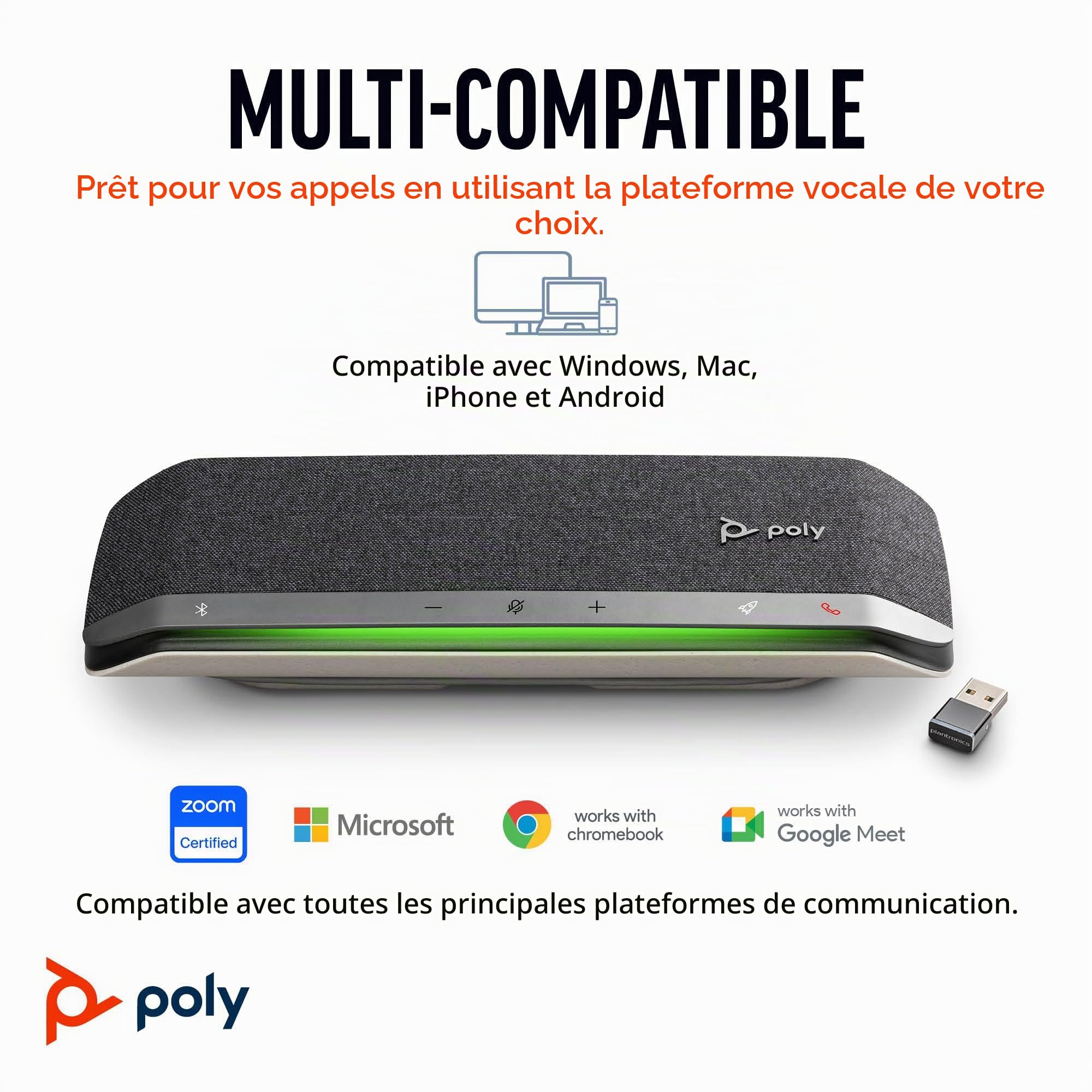 Haut-parleur intelligent Poly Sync 40+ - Espaces de travail flexibles - Connexion à un PC/Mac via adaptateur BT600 et via Bluetooth pour les smartphones - Fonctionne avec Teams, Zoom