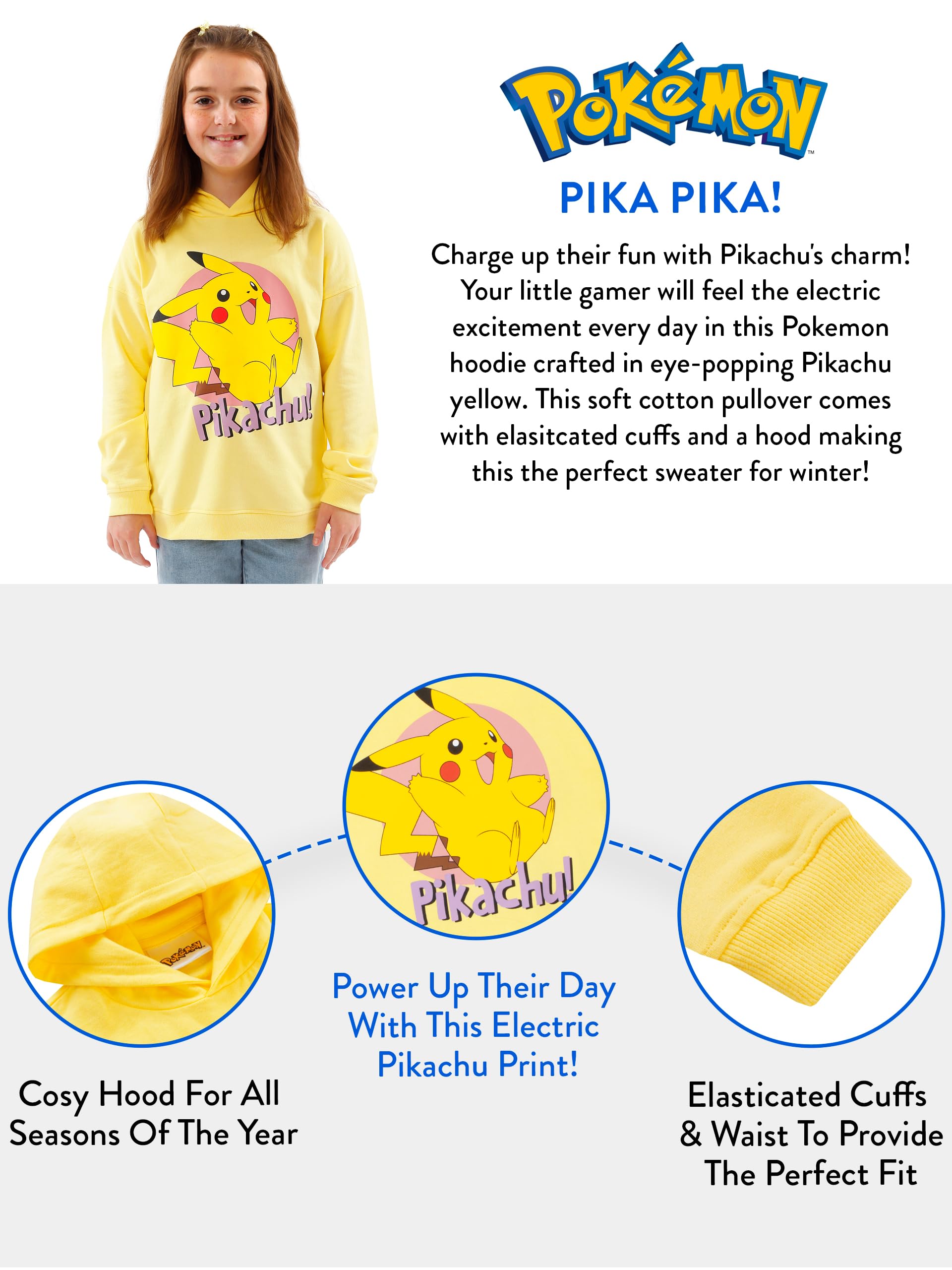 Bluza z kapturem Pokemon dla dziewczynek | Bluza z kapturem Pikachu | Dziewczęca żółta bluzas z kapturems | Wiek od 5 do 12 lat
