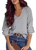 Women&apos;s Sweaters Casual Long Sleeve V Neck Lightweight Crochet Pullover Sweater Tops