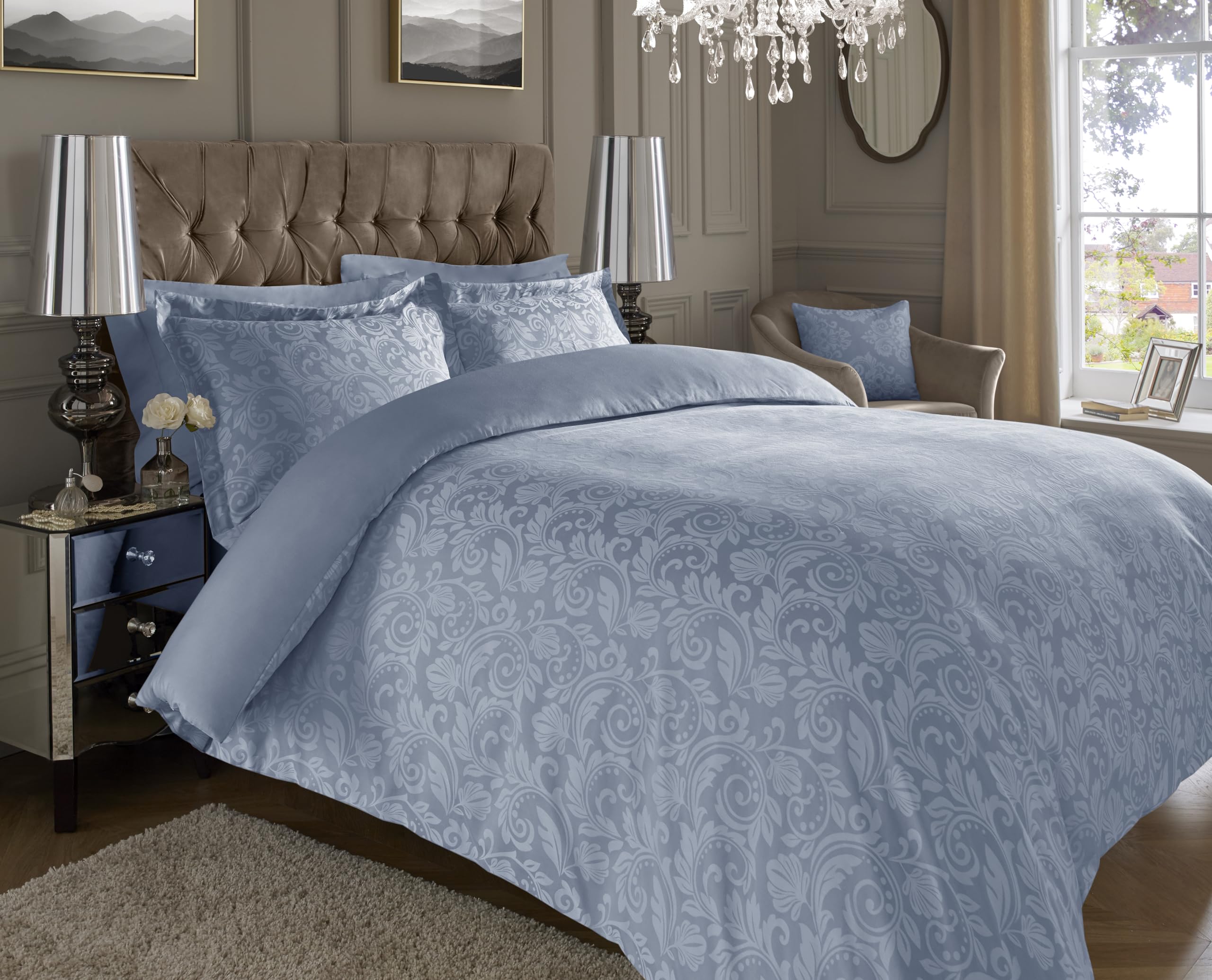 Lavish Label 600 Thread Count Floral Jacquard Duvet Set (200 x 200 CM) with 2 Oxford pillowcases (45 x 75 CM) | Cotton Rich Soft & Comfortable Bedding Set (Blue, Double)