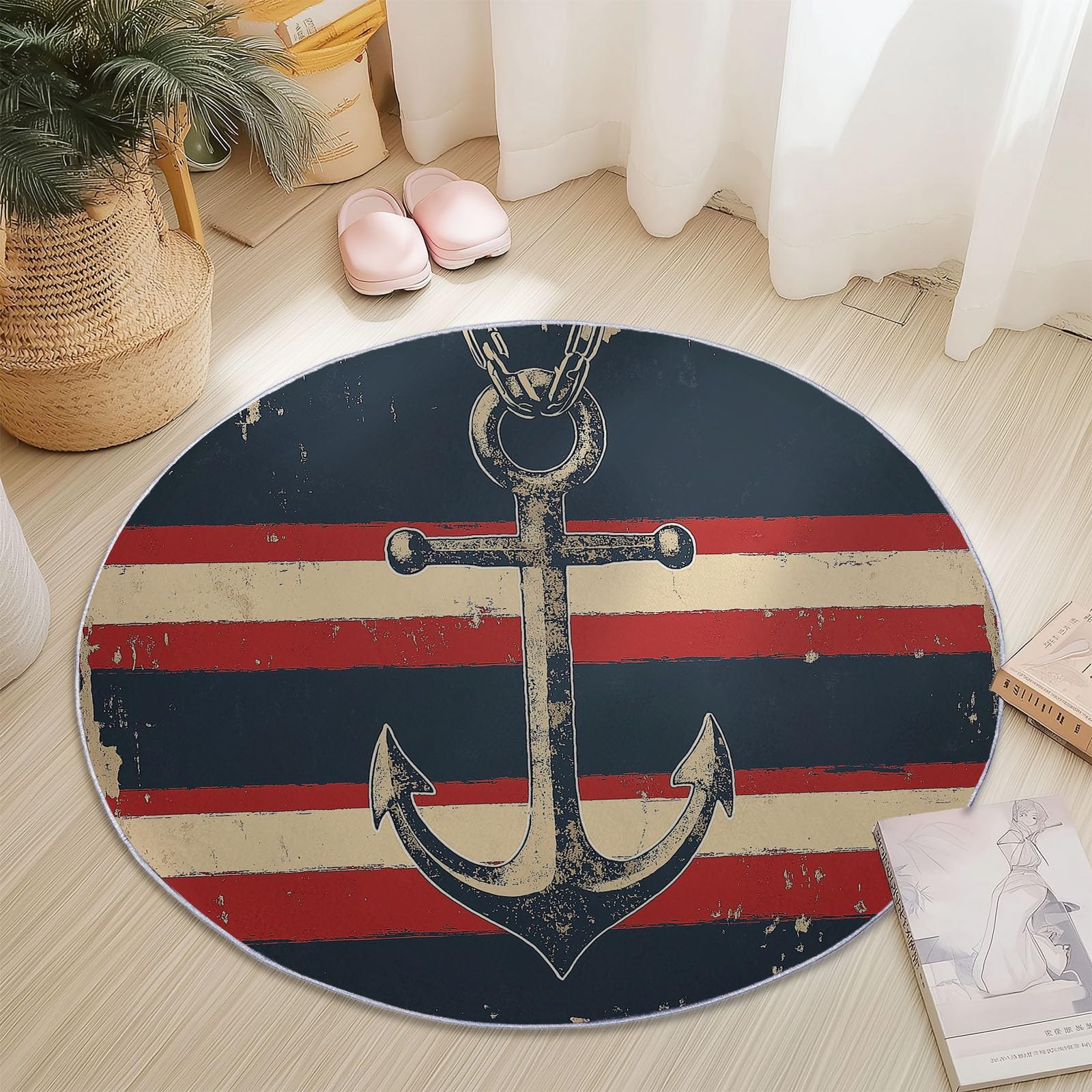 Round Area Rug for Girls Bedroom, 245 cm Washable Kids Rug for Baby Nursery, Non-Slip Circle Carpet Vintage Simple Boat Hook for Teen Dorm Playroom Tent, Navy โ image 1
