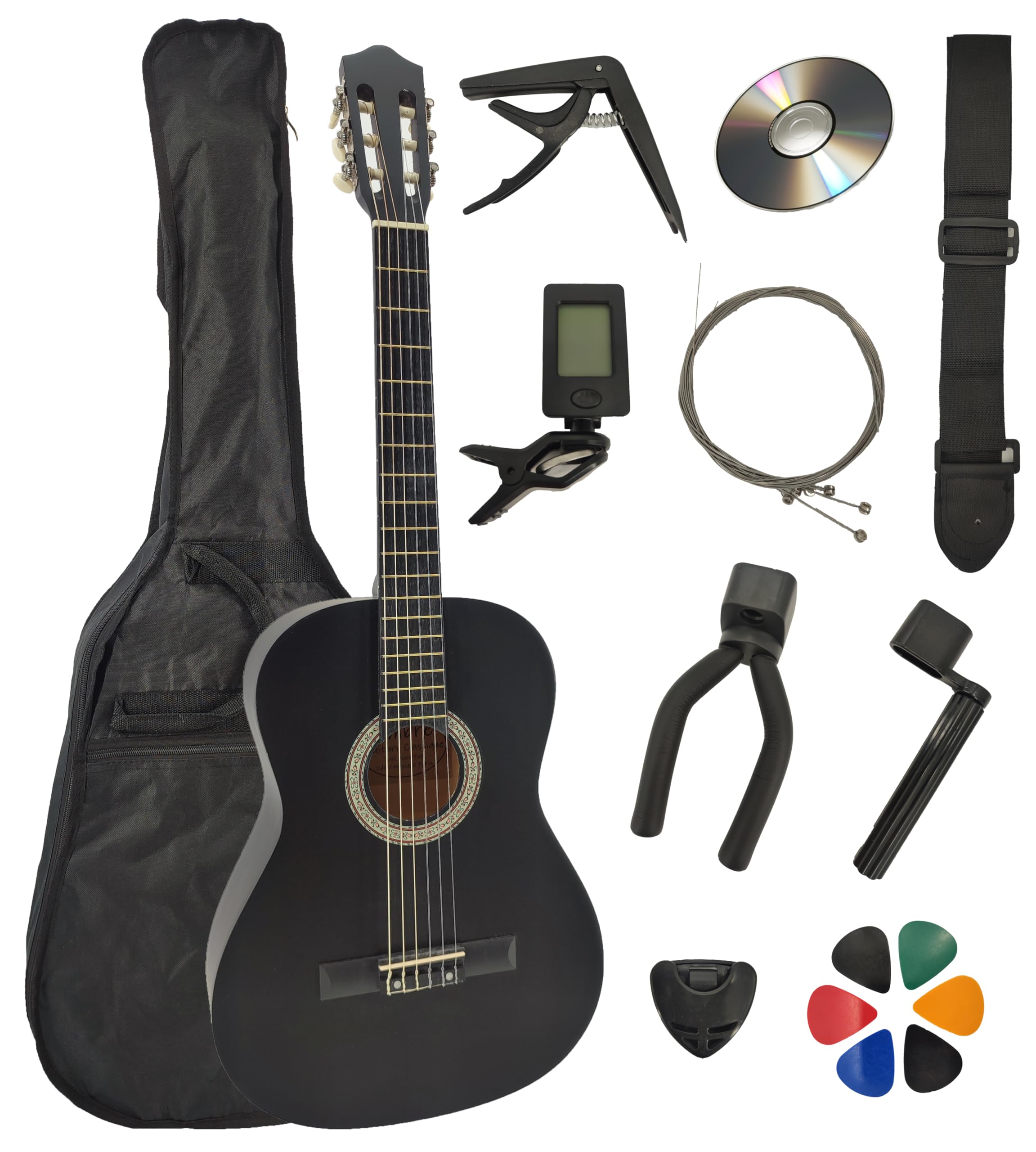 Pack Guitare Classique 4/4 (Adulte) 10 Accessoires Cour Vidéo et CD (Noir, Droit)