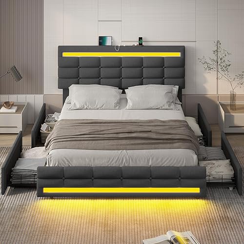 Miniatura 8 de BTHFST Base de cama Queen con luces LED y 2 estaciones de carga USB, marco de cama tamaño Queen con cabecera ajustable, marco de cama con