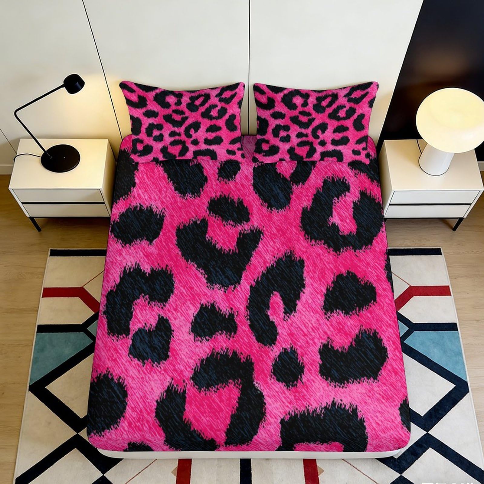 3D Printed Leopard Fitted Sheet Microfiber Deep Pocket Bedroom Bedding Leopard Mattress Fitted Cover Non-Slip Elastic Hem 200x200x25cm