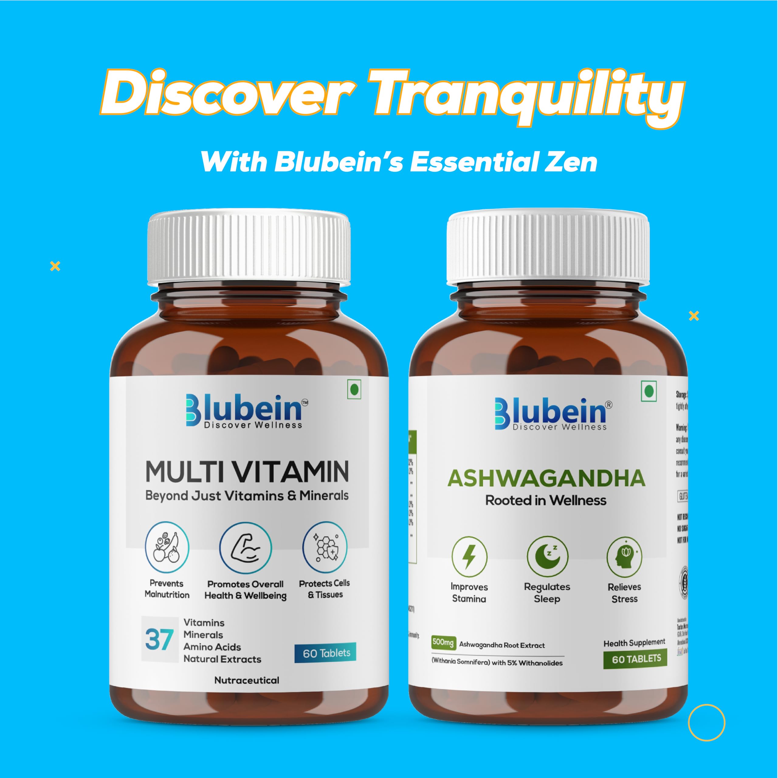 Blubein Essential Zen combo| Multivitamin with 37 Vital Ingredients 60N|Ashwagandha Extract with 5% withanolides | for better Sleep & Performance — Amazon image 2
