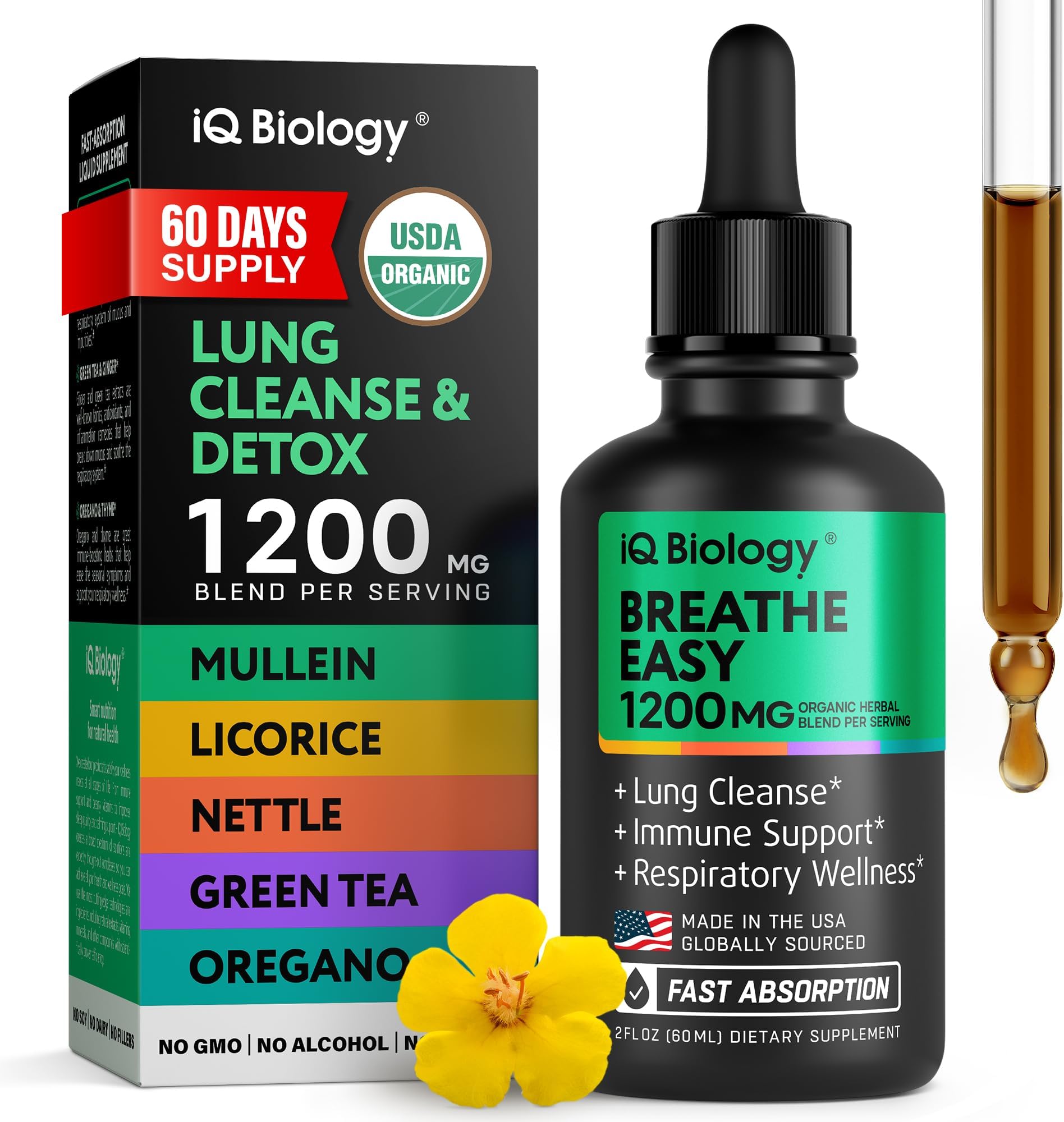 IQ BIOLOGY Mullein Drops for Lungs - USDA Organic Mullein Supplement with Arjuna - Made in USA - Lung Detox for Smokers, Bronchial Cleanse with for Respiratory to Clear Lungs, Break Up Mucus*, 2 oz