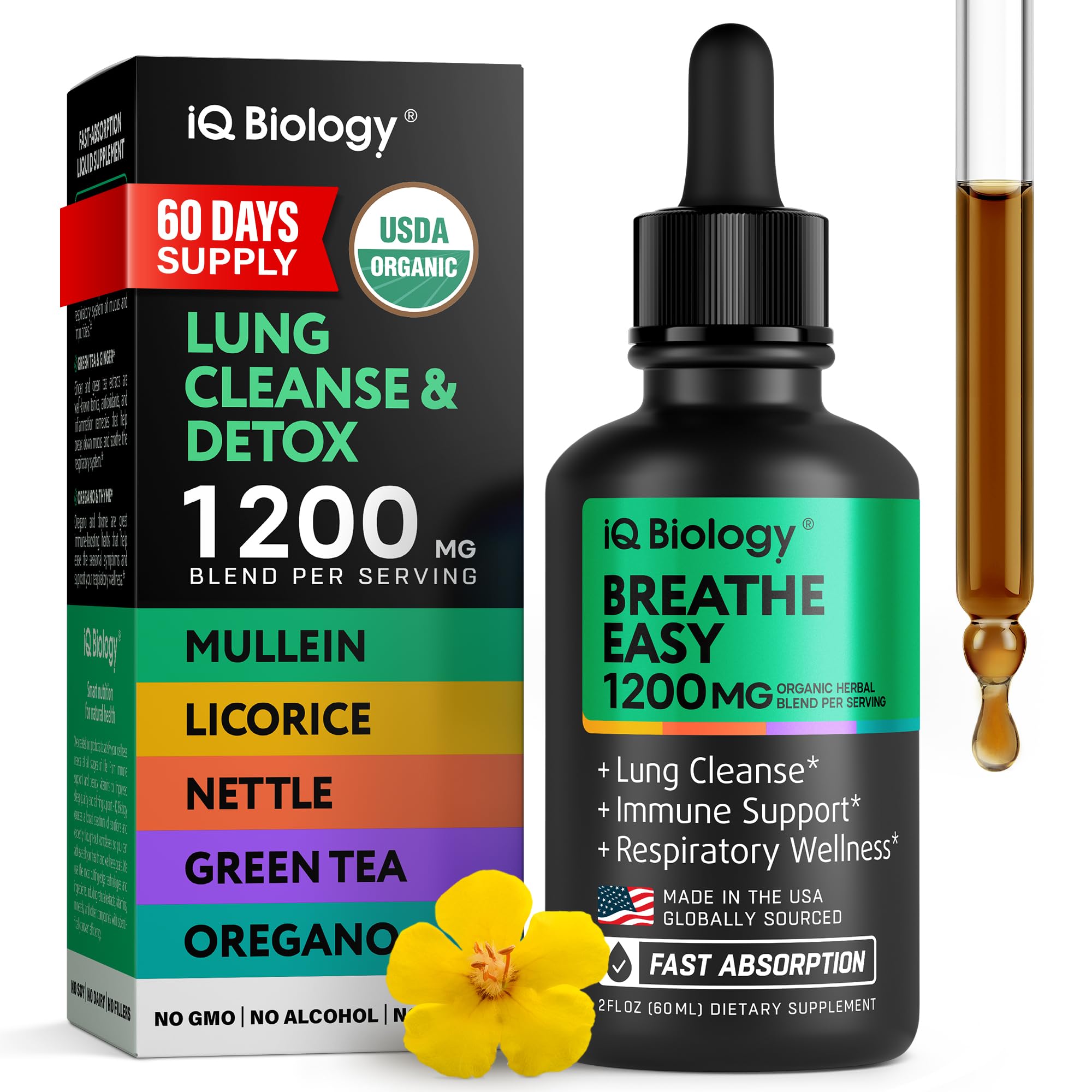 Mullein Drops for Lungs - USDA Organic Mullein Supplement (Muira Puama Alternative) - Made in USA - Lung Detox for Smokers, Bronchial Cleanse for Respiratory to Clear Lungs, Break Up Mucus*, 2 oz