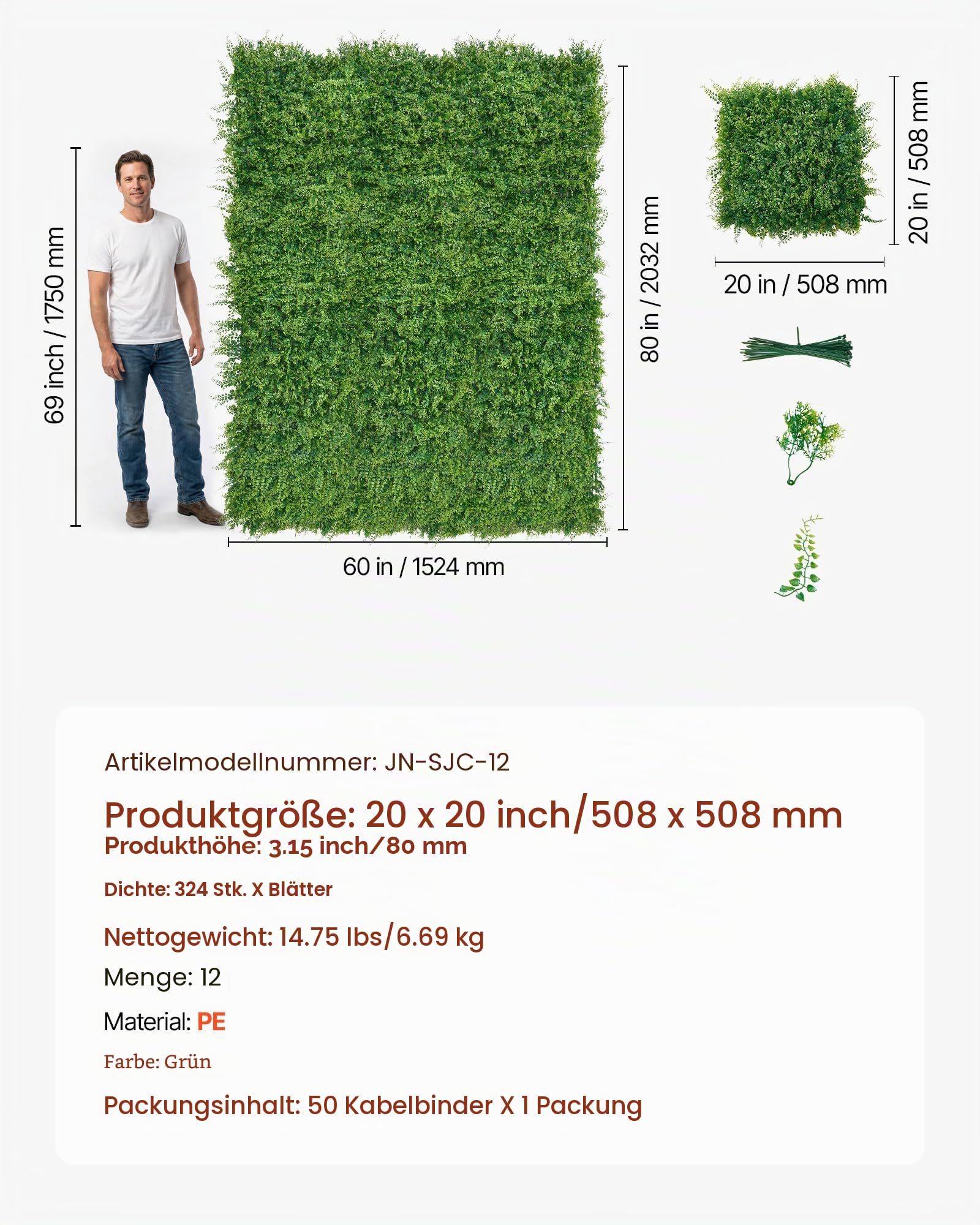 VEVOR Künstliche Hecke 50x50 cm 12-TLG. Set, Pflanzenwand, PE-Sichtschutz, Sichtschutzzaun, Windschutz, Heckenzaun, Kunstpflanzen Balkonverkleidung für Hochzeiten, Außengärten, Hinterhöfe