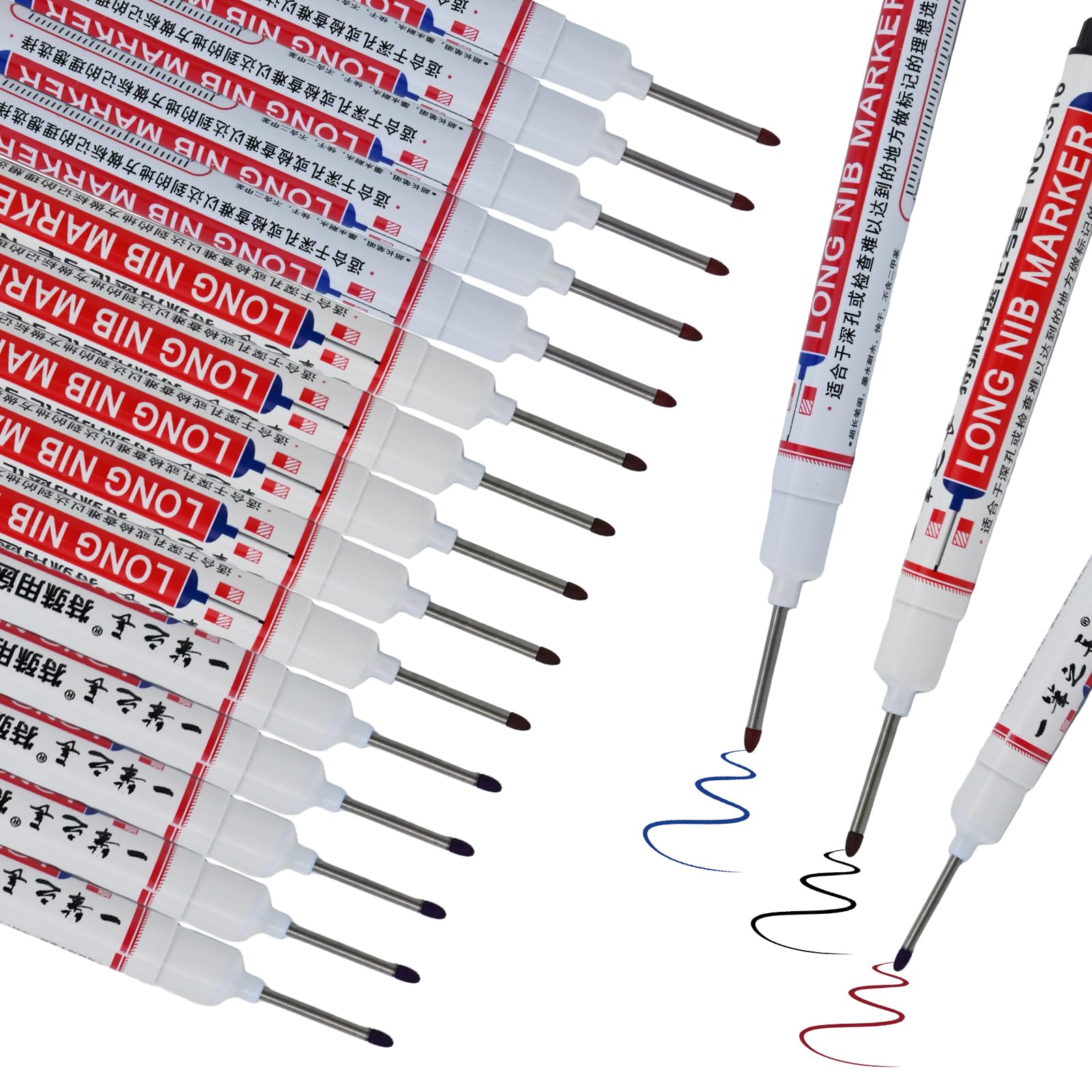 KATIMI 15 Pieces Deep Hole Marker Pens, 20 mm Long Nib Deep Hole Marker Pen in 3 Colours, Multi-Purpose Woodworking Markers