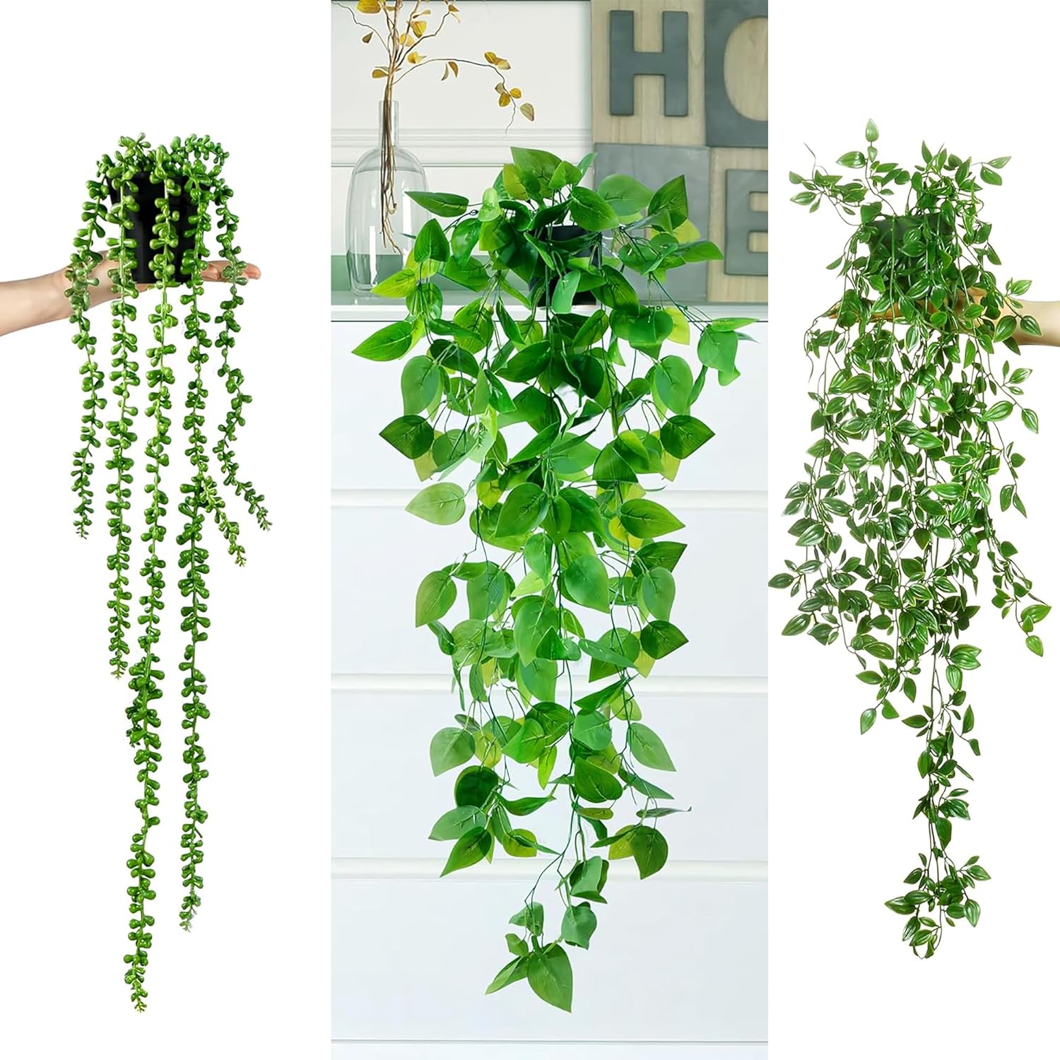 Sggvecsy Fake Hanging Plants 6 Pack Artificial Hanging Eucalyptus Plants Potted Greenery Faux Mandala Vine String of Pearls Boston Fern Ivy Vine Leaves Pea Pod for Home Indoor Outdoor Shelf Wall Decor - Image 4