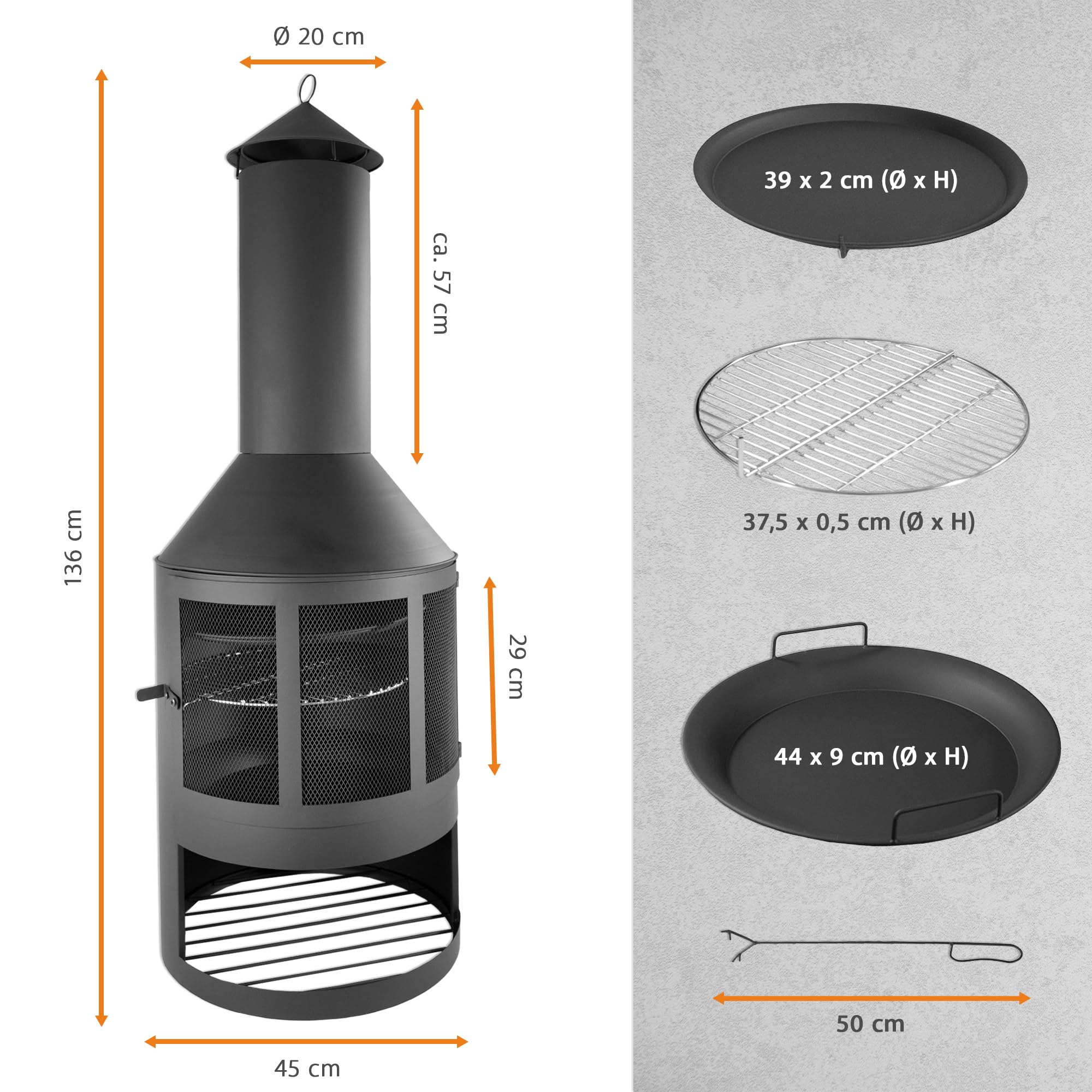 NATIV Cheminée de jardin avec grille de cuisson et poêle, orientable, grille de protection contre les étincelles, noir