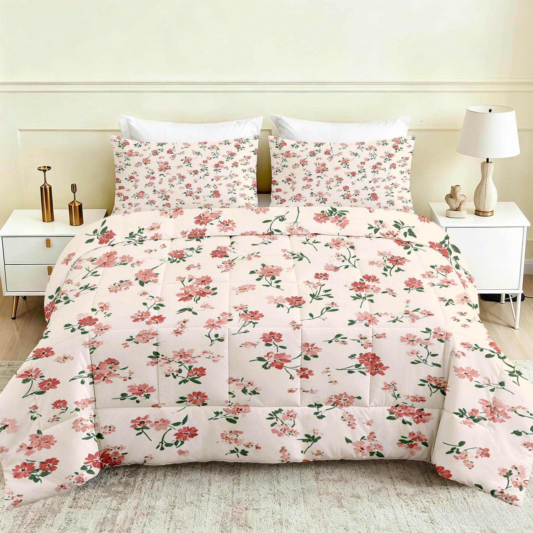 Pink Floral Summer Duvet King Size 4.5 Tog, Wildflowers Coverless Quilt, Rustic Farmhouse Print Lightweight & Breathable Comforter 230x220 with 2 Pillowcases, Machine Washable, zT144-S