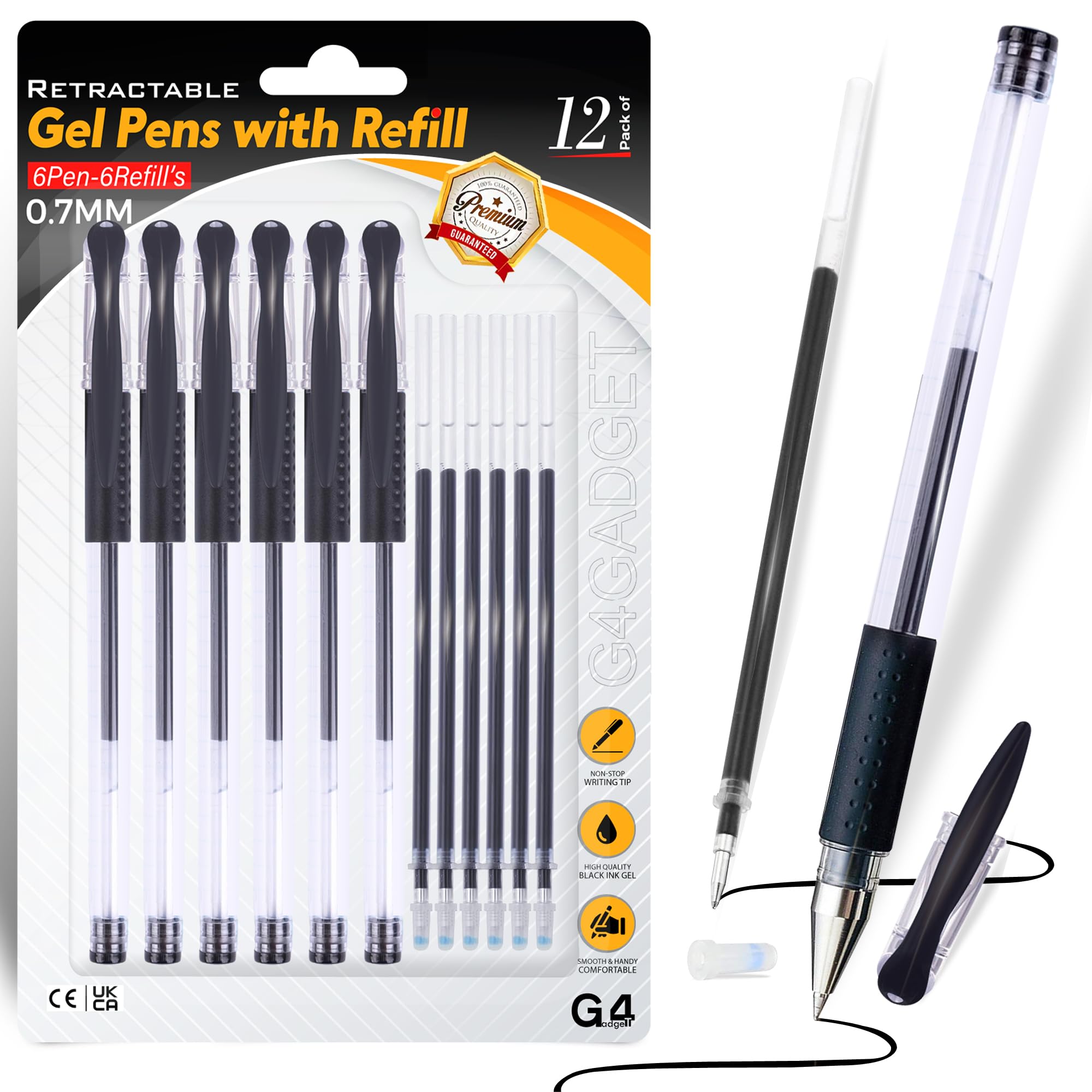 G4GADGET Gel Pens with Refill 0.7mm Black Ink – Pack of 12 (6 Pens + 6 Refills) – Retractable Quick-Dry No Smear Smooth Writing Pens for Office, School & Journaling