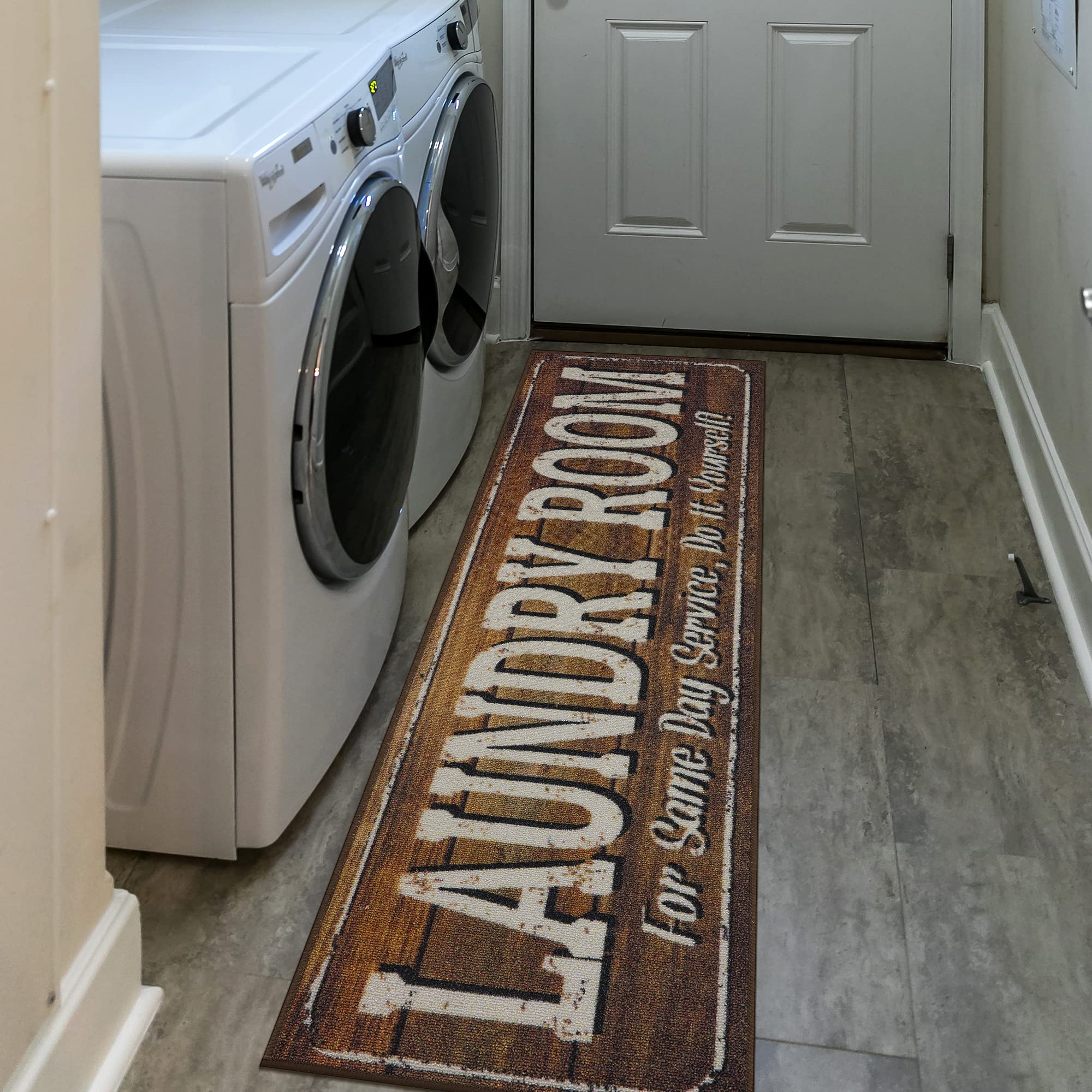 2' x 5' Ottomanson Laundry Collection NonSlip Rubberback Text Design Laundry Room Runner Rug, Brown