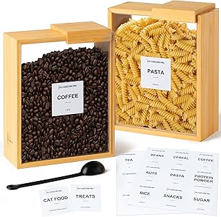 HouseCorePro 2 Pack Bamboo Food Storage Containers – Large 2.75L Food Dispenser with Measuring Spoon, 18 Labels, 6 Freshness Stickers, Wood Pantry Organizers and Storage for Dry Goods, 9.50x7.25x4in.