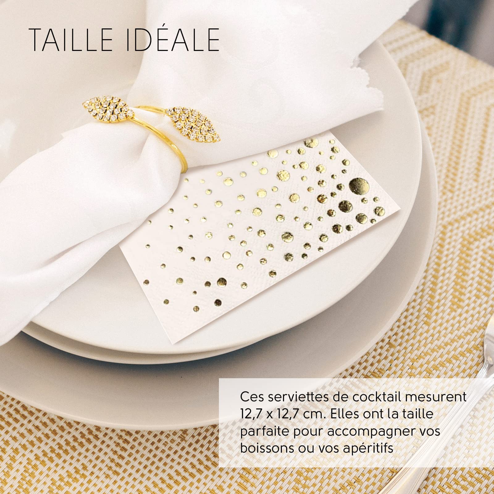 Serviettes En Papier Blanc & Or 12,7x12,7cm | Lot De 100 - Mariage, Anniversaire, Fête Élégante