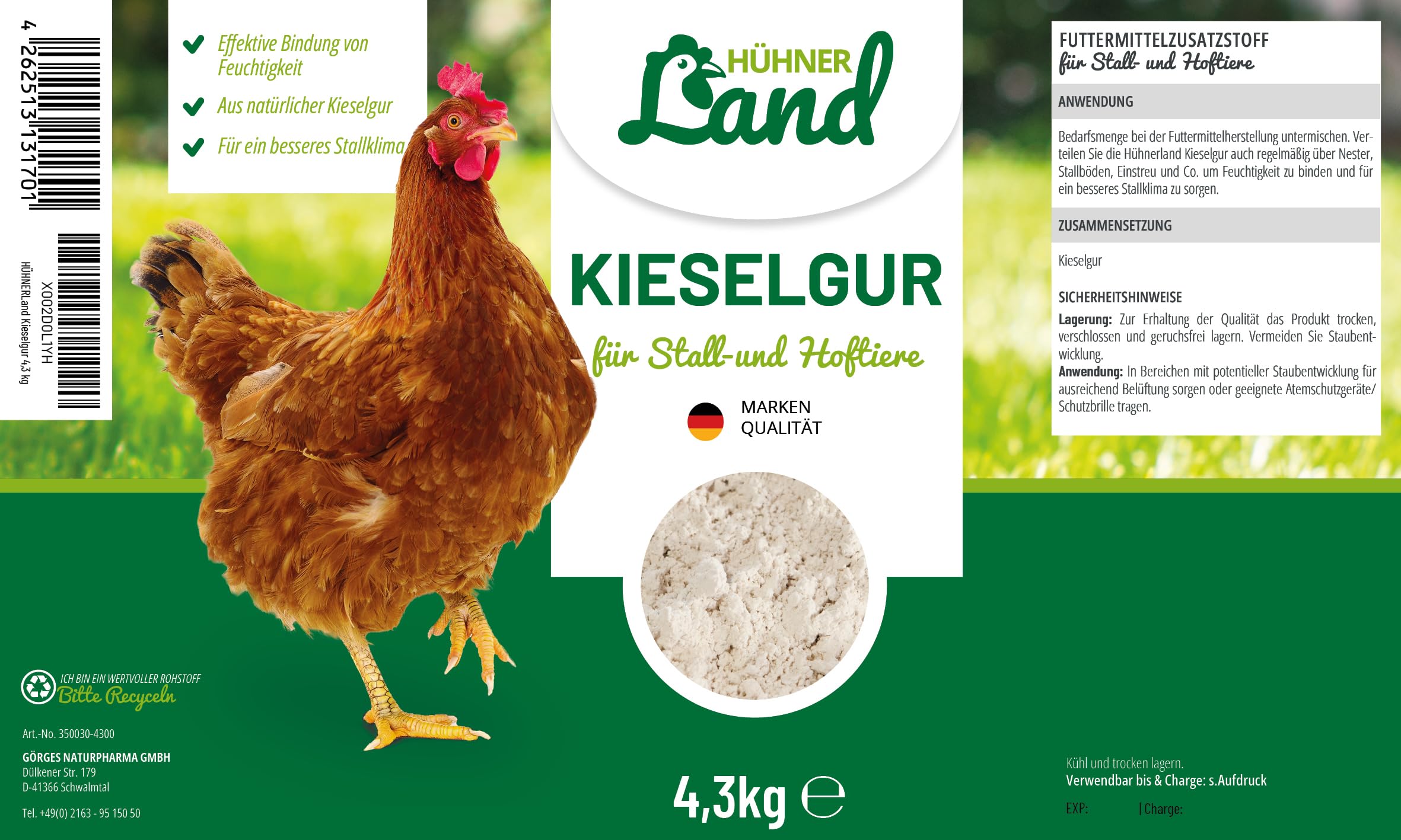 HÜHNER Land Kieselgur für Hühner 4,3kg INKLUSIVE Pulverzerstäuber - Reines Kieselgur Hühner Pulver, Kieselerde Pulver, Naturprodukt für Hühnerstall, Laborgeprüft für Geflügel Betriebe