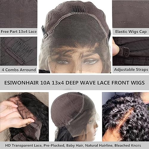 Miniatura 5 de ESIWONHAIR Pelucas de cabello humano Remy con encaje frontal de onda profunda para mujeres negras sin procesar brasileño sin pegamento rizado
