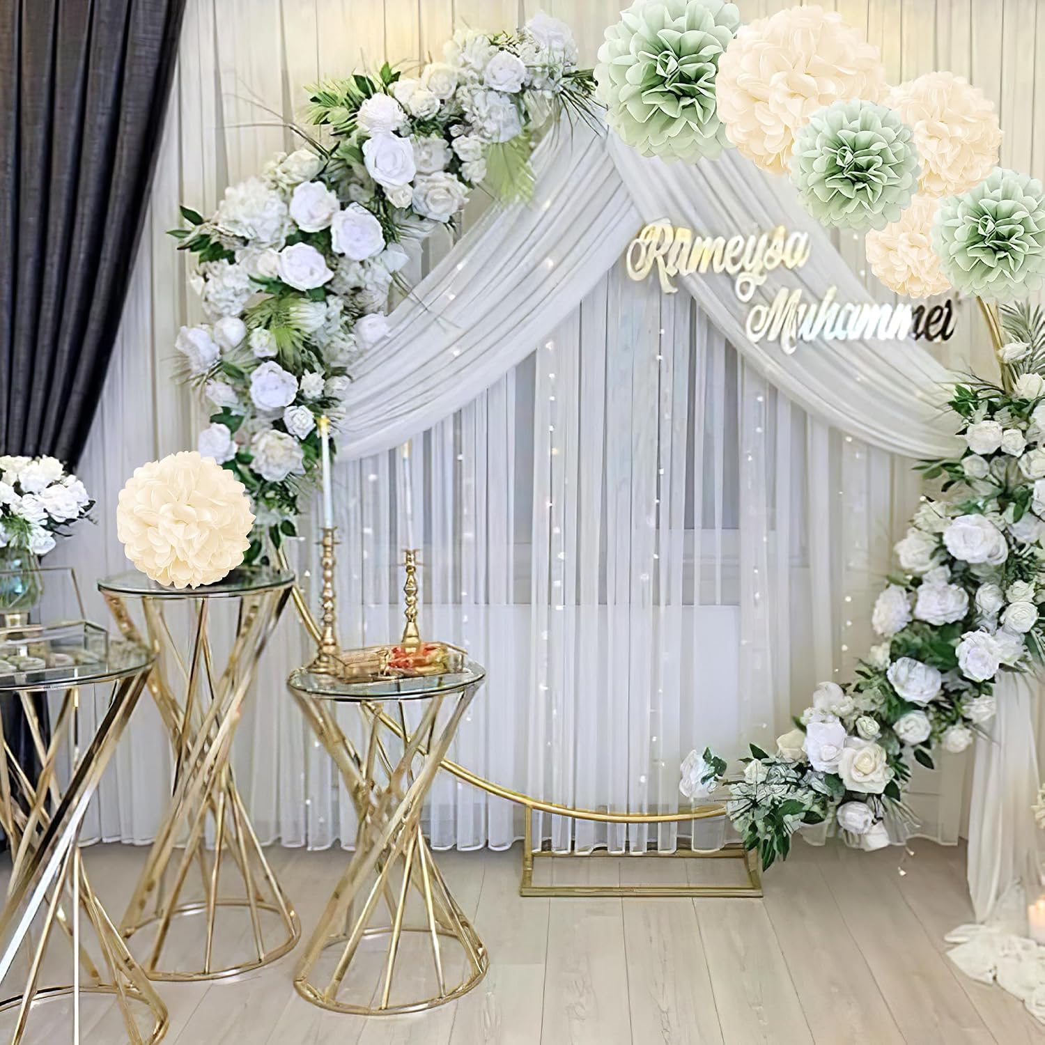 20 PCS Paper Pom Poms, Sage Green Champagne Party Flower Balls, Hanging Tissue Pom Poms for Bridal Shower, Home Decoration, Large Banquet, Birthday Party, Festival Celebration, Graduation Ceremony