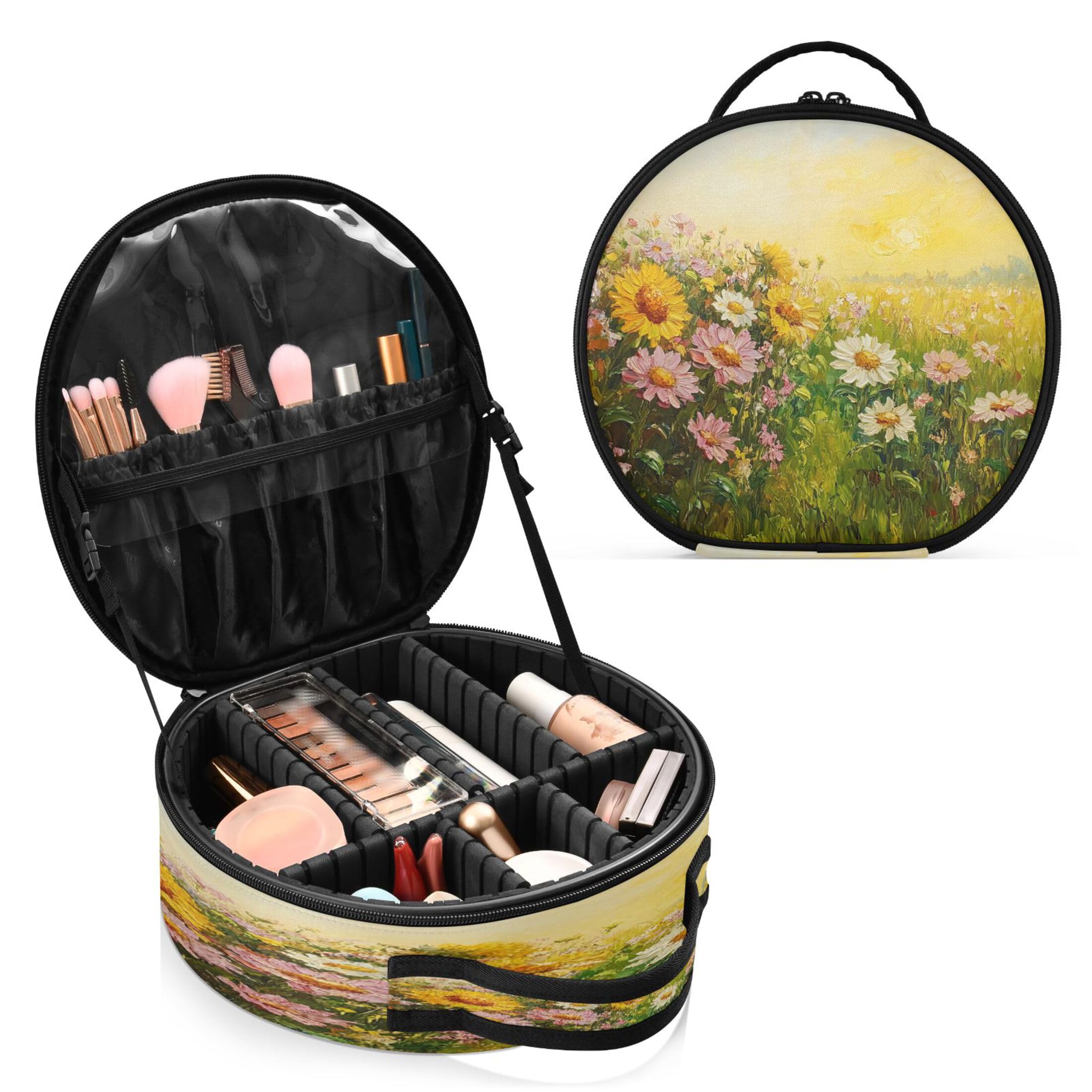 Takiito Oil Painting Of Sunflowers Travel Makeup Case Portable Makeup Box Artist Cosmetic Case Organizer With Adjustable Dividers