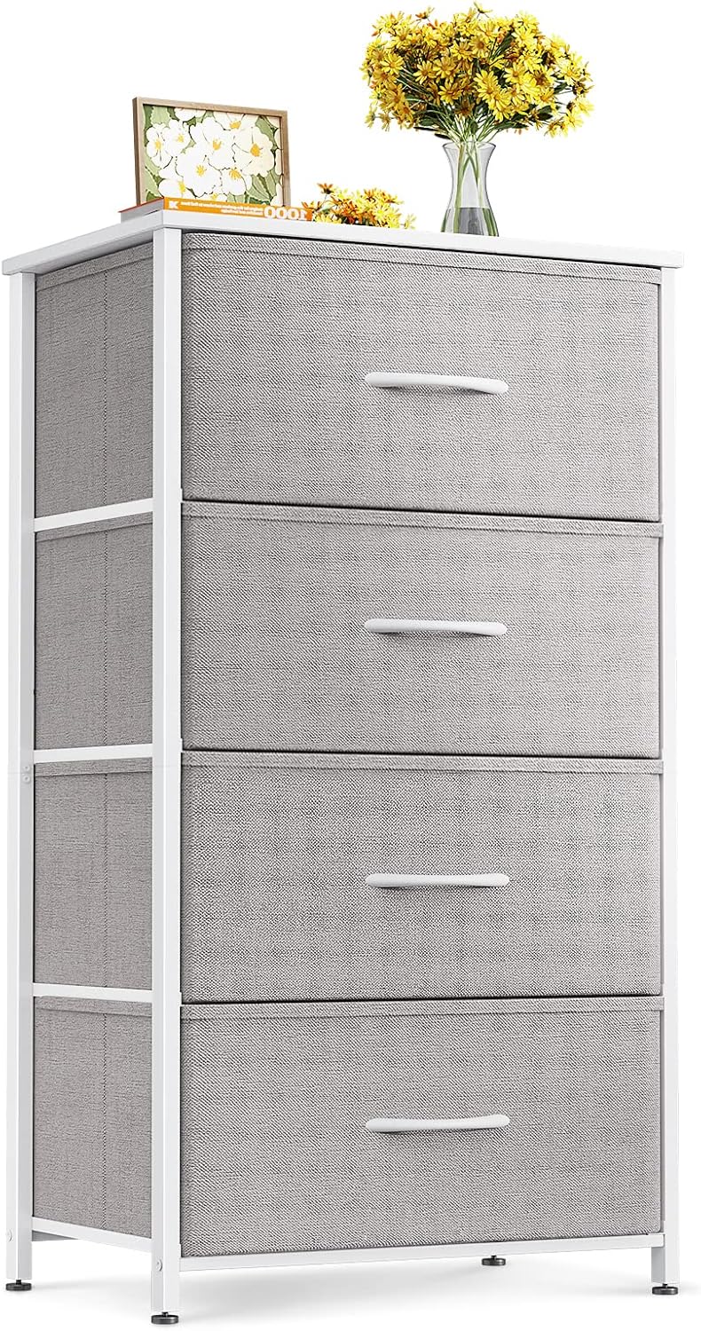ODK Dresser for Bedroom with 4 Storage Drawers, Small Dresser Chest of Fabric Drawers with Sturdy Steel Frame, Wood Top, Light Grey