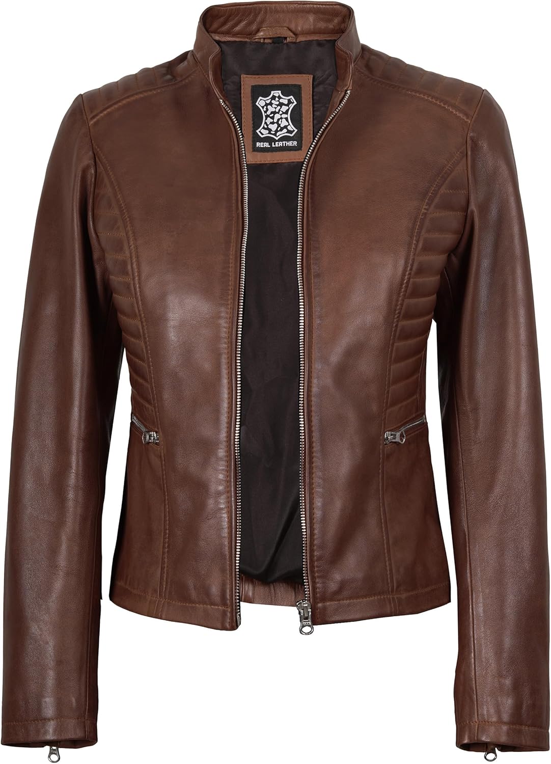 fjackets Leather Jacket Women - Cafe Racer Style Real Lambskin Womens Leather Jackets Stylish Stand Collar Leather Jackets - Image 2