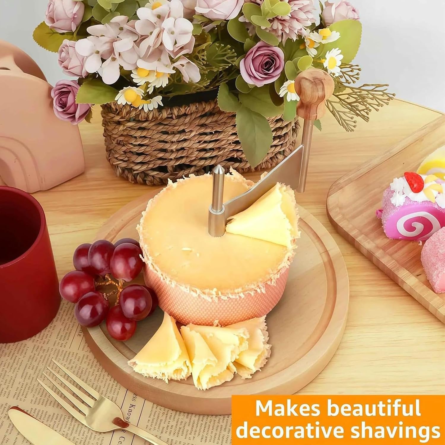 Cheese Curler Wheel With Lid, Stainless Steel Cheese Curler Flower Maker Wheel Slicer, Sharp Blade Cheese Shaver With Wooden Base, Suitable For Home Parties, Restaurants, Cafes