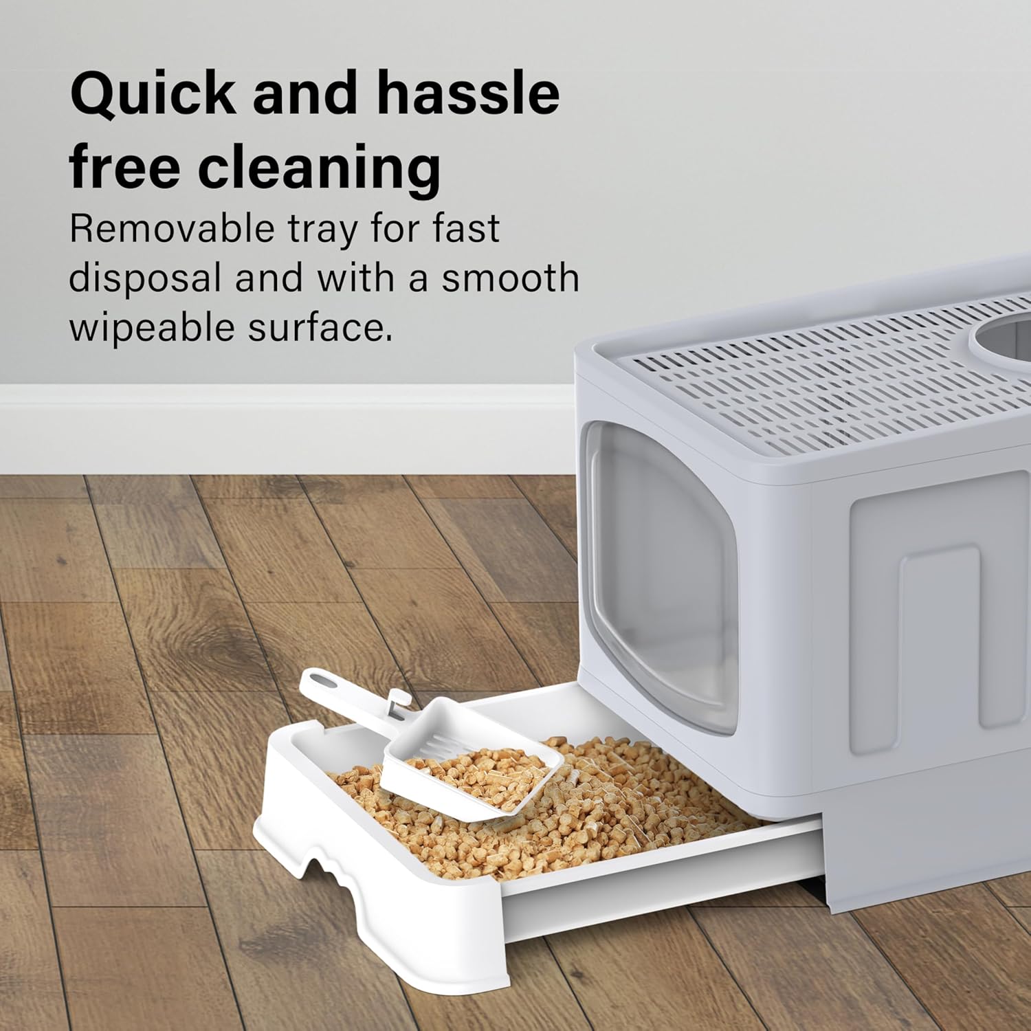 Vivo Technologies Large Cat Litter Box Litter Tray, Foldable Litter Box with Lid, Scoop, Flap Door, Slide-Out Tray for Easy Cleaning, Large Anti-Splashing Hooded Space Cat Litter Tray