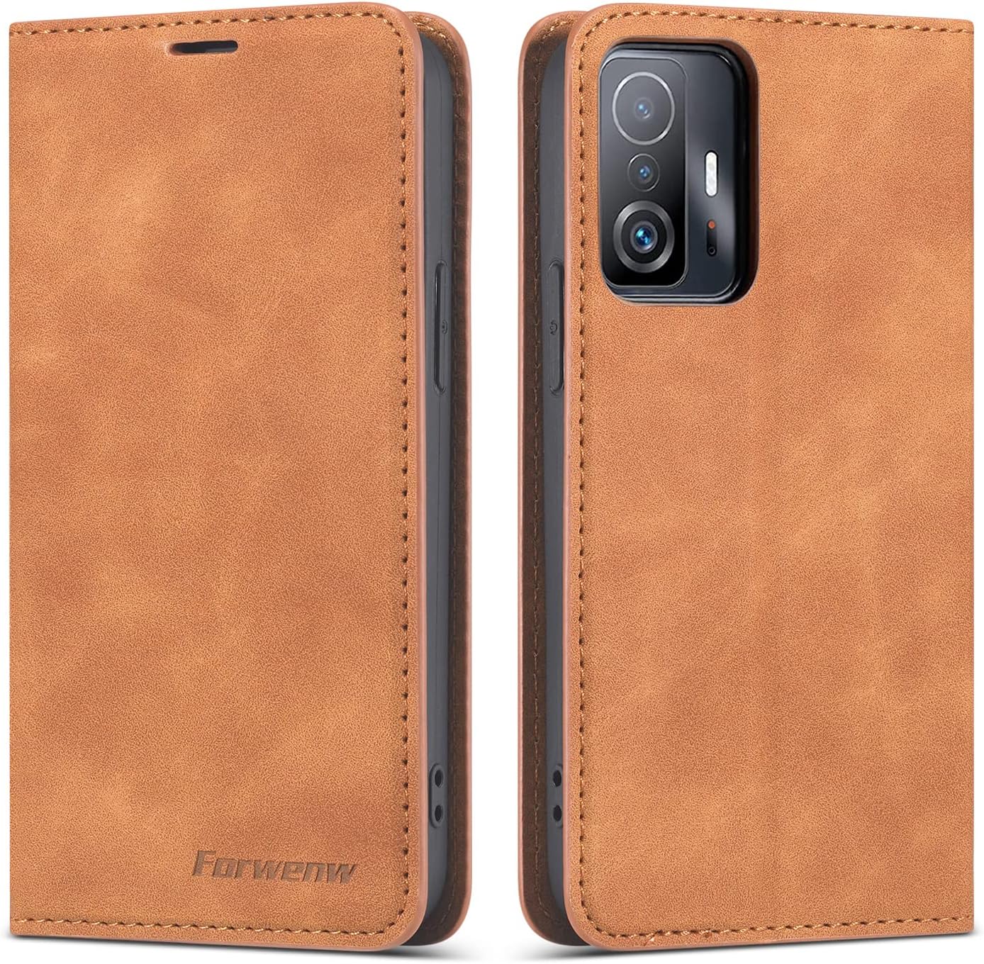EYZUTAK Premium PU Leather Flip Folio Case for Xiaomi 11T/11T Pro, Magnetic Closure Protective Case Kickstand Card Cash Slot Shockproof Durable Wallet Cover Soft TPU Inner Phone Case - Brown