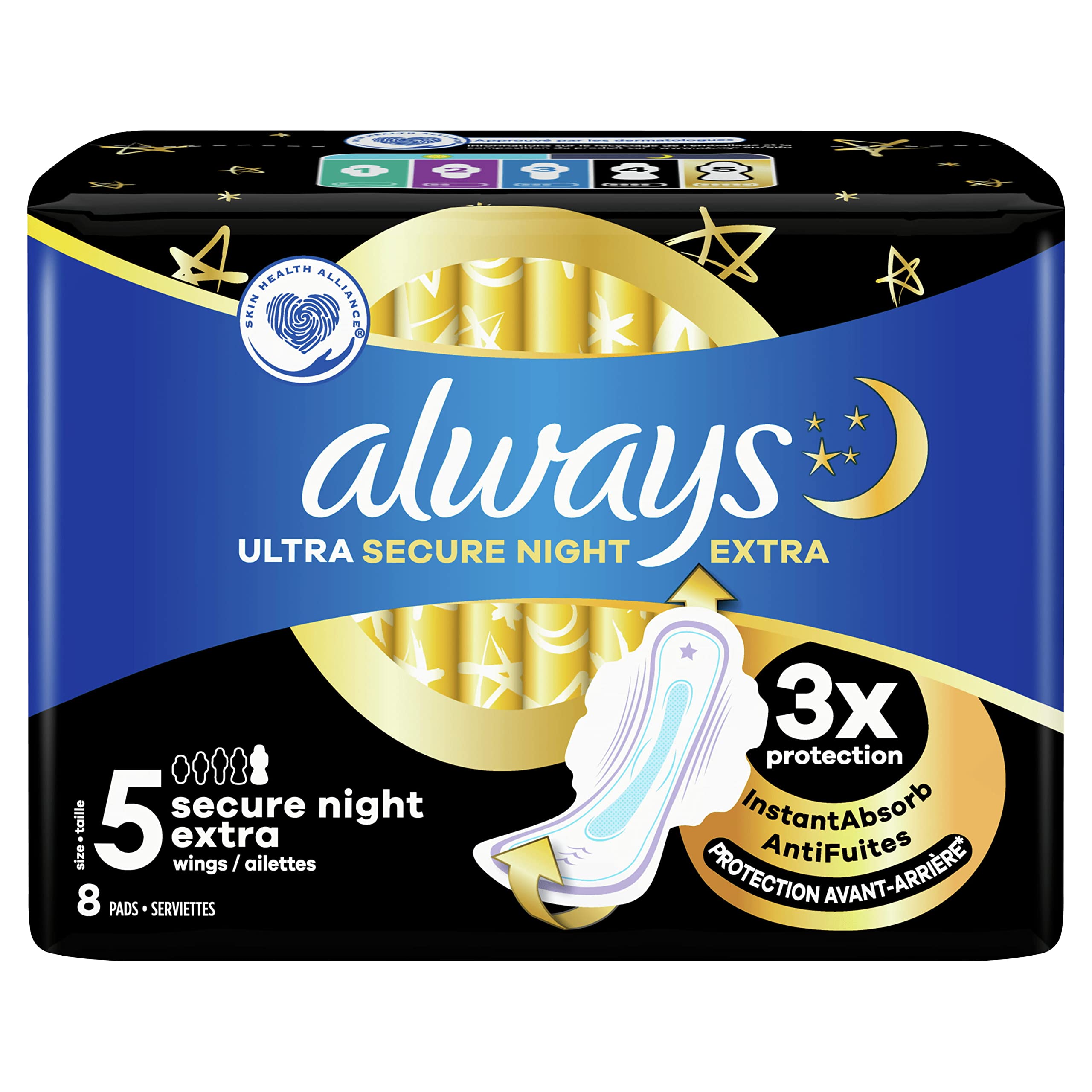 Always Ultra Damenbinden, Größe 5, Extra Secure Night, 128 Binden mit Flügeln, sehr reichlich fließende Nacht, Eco-Format, maximaler Komfort, super saugfähig und ultradünn