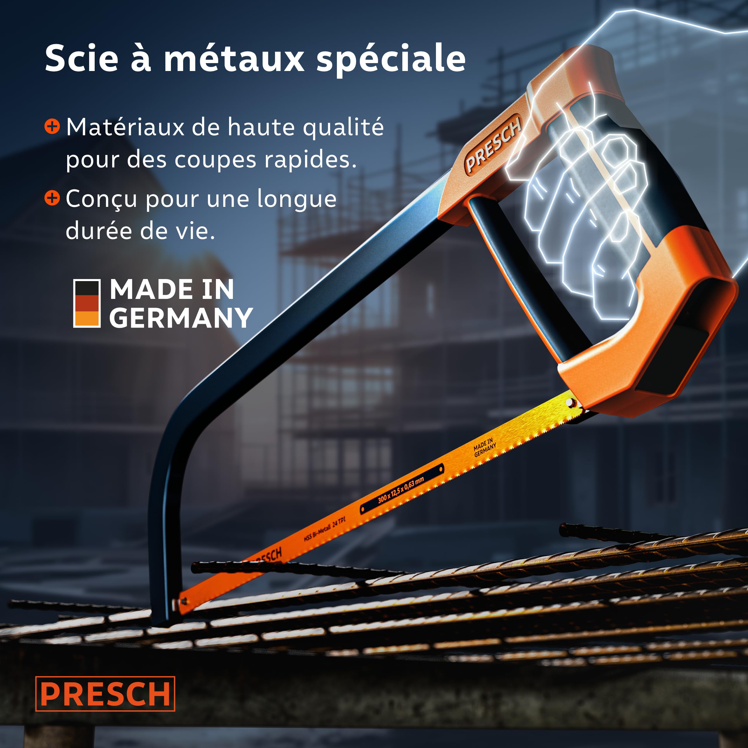 Presch Scie à métaux 300mm - Avec lame de scie BI-métal pour une coupe précise - Rotation de 90° de la lame de scie pour des coupes horizontales & verticales - Poignée avec clé de tension incluse