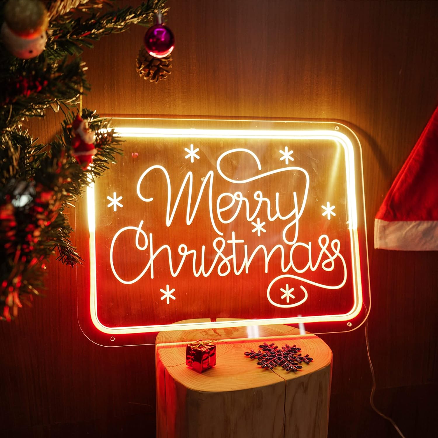 Merry Christmas Neon Sign for Home Bedroom Decor,Merry Christmas Neon Light Sign for Christmas Party Home office Bar Pub Club Decoration Wall Hanging Art Banner Gift (Red+ Warm White)