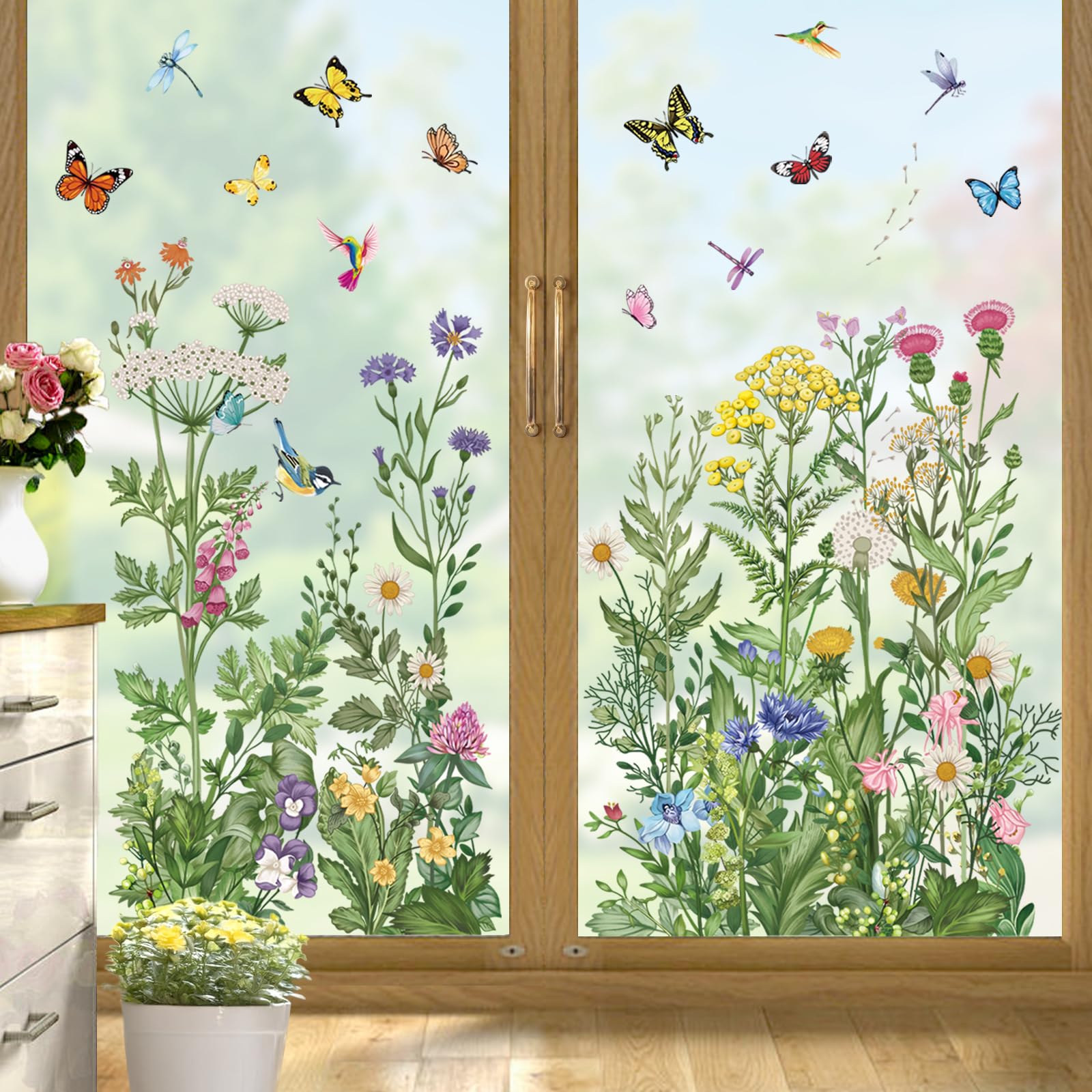 wondever Spring Summer Wild Flowers Window Clings Vintage Wildfloral Butterflies Glass Sticker Decal Anti Collision Double-Side Static Window Stickers for Home Glass Window - Image 2
