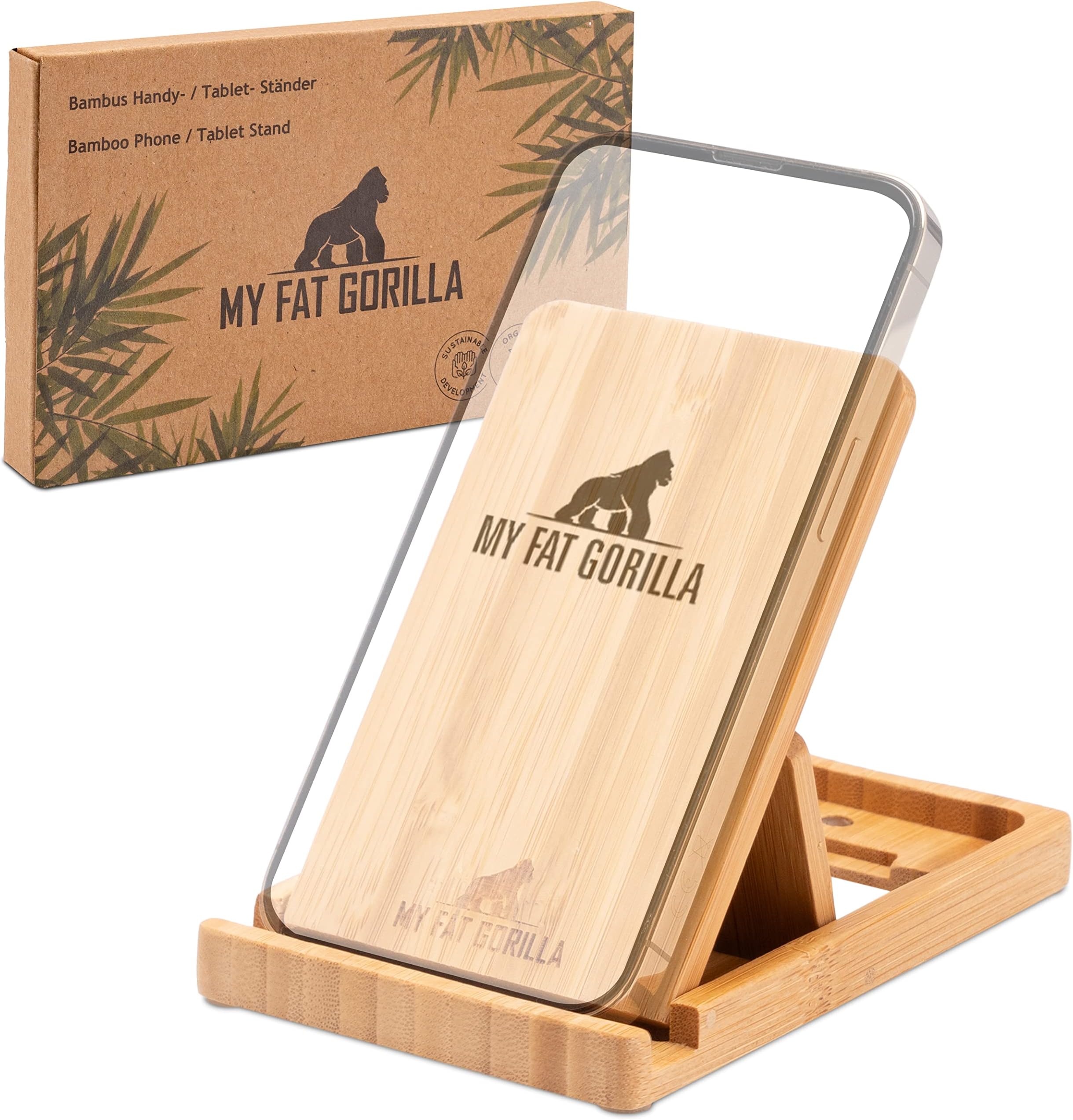 MY FAT GORILLA - Wooden Phone Stand and iPad Stand from Bamboo - Wooden Stand for Mobile Phone and Tablet - Kindle holder Wood - ebook reader device