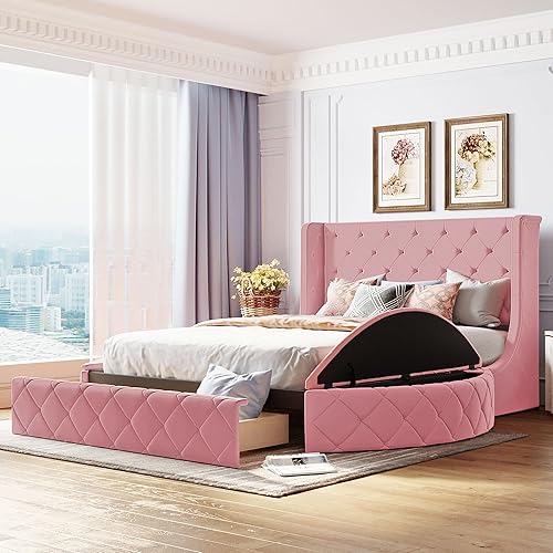 Miniatura 22 de Cama de plataforma de almacenamiento tamaño Queen con 4 cajones, cama tapizada de tela de lino con cabecera clásica, marco de cama de madera de