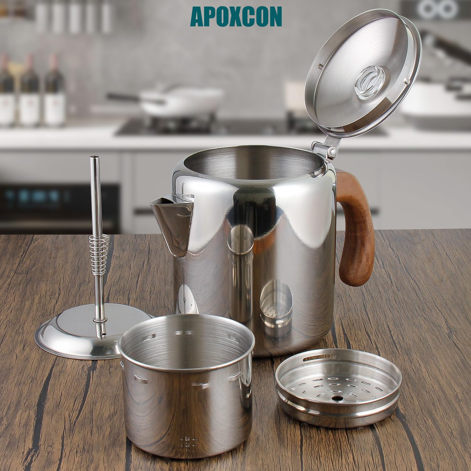 APOXCON Percolateur à café en acier inoxydable avec poignée en bois massif ignifuge et bouton de progression en verre transparent résistant pour le camping, utilisation sur n'importe quelle cuisinière