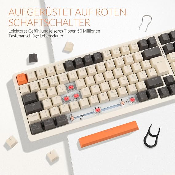 Rii Mechanische Tastatur Kabellos Gaming Retro Tastatur Bluetooth Tri-Modi Tastatur 75 Prozent mit QWERTZ Beige-Grau-Orange dreifarbige Tastatur (BT5.0 + 2.4GHz + Kabel)