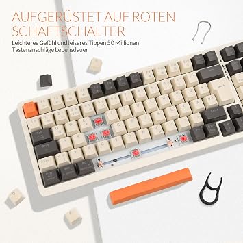 Rii Mechanische Tastatur Kabellos Gaming Retro Tastatur Bluetooth Tri-Modi Tastatur 75 Prozent mit QWERTZ Beige-Grau-Orange dreifarbige Tastatur (BT5.0 + 2.4GHz + Kabel)