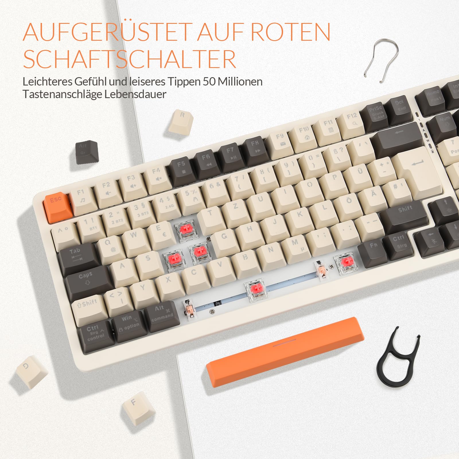 Rii Mechanische Tastatur Kabellos, Gaming Retro Tastatur Bluetooth, Tri-Modi Tastatur 75 Prozent mit QWERTZ, Beige-Grau-Orange dreifarbige Tastatur (BT5.0 + 2.4GHz + Kabel)