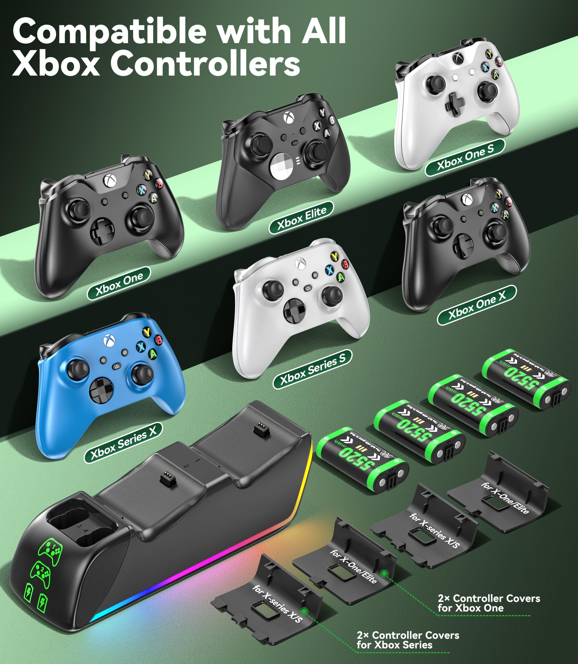 Stacja ładująca kontrolera Xbox z 4 x 5520 mWh akumulatorami do Xbox Series/One X|S, podwójna stacja ładująca RGB Xbox z kontrolerem X, akcesoria do kontrolerów gier
