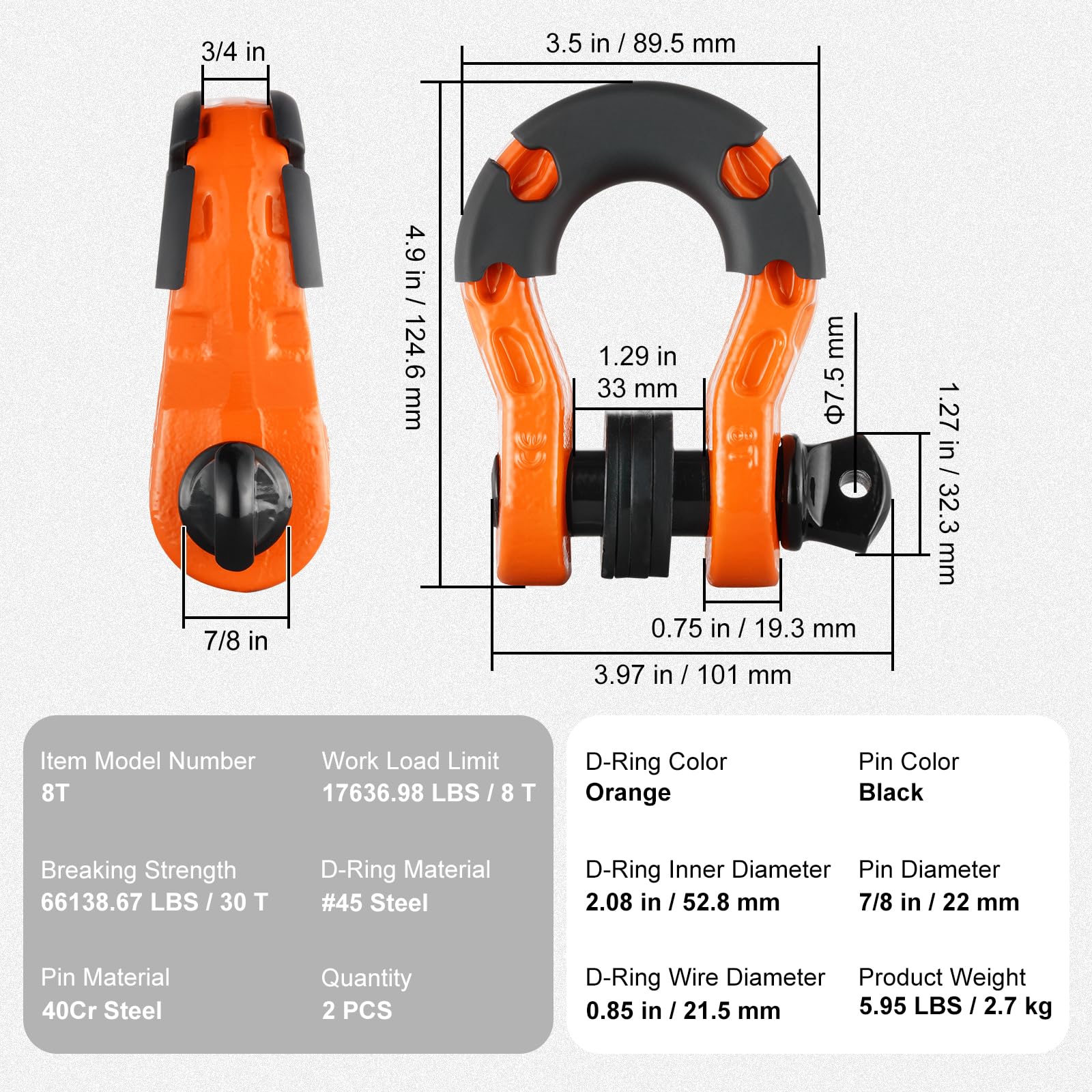 VEVOR Manille à anneau D 19 mm, lot de 2 manilles de remorquage acier allié, résistance à rupture 30 t avec goupille à vis 22 mm, isolateurs et rondelles, récupération pour VTT, camions, jeep, orange