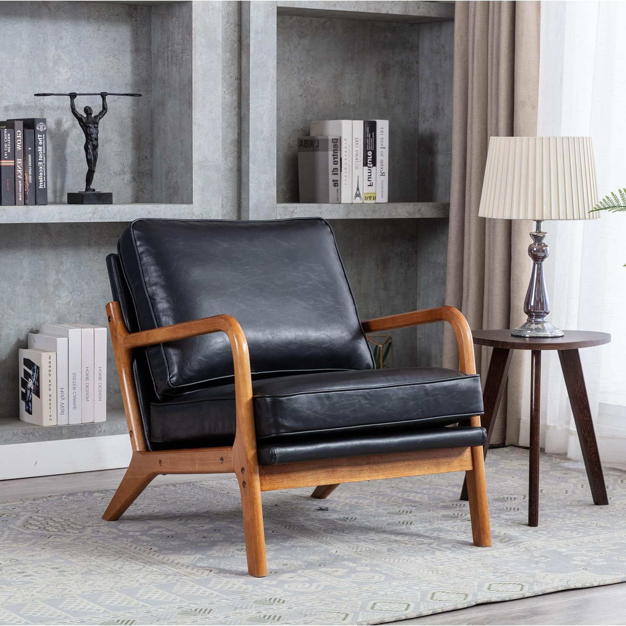 STHOUYN Mid Century Faux Leather Black Accent Chair with