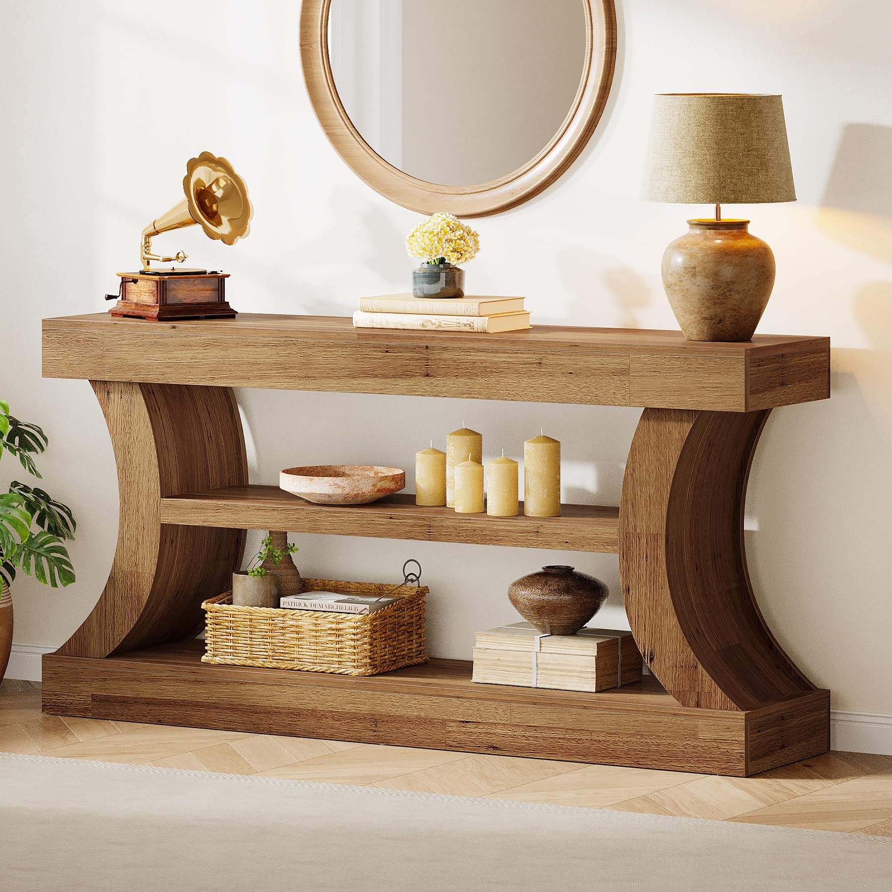 Tribesigns Table console d'entrée de 160 cm avec rangement, console TV avec design incurvé pour salon, chambre à coucher (noyer clair, 30 cm de profondeur x 160 cm de largeur
