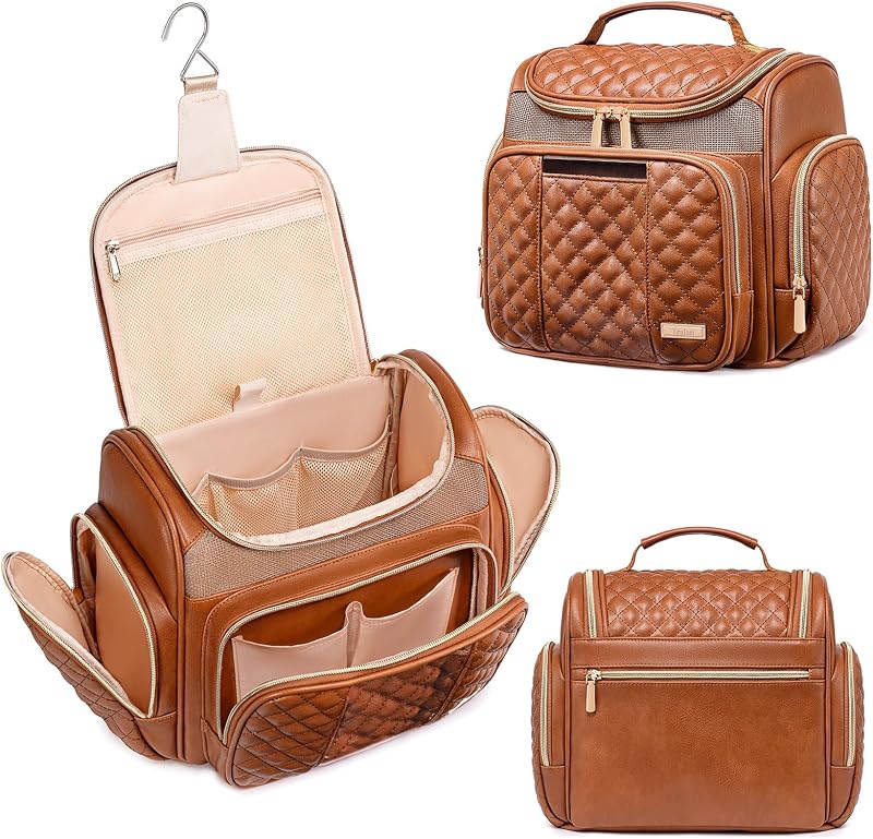 Necessaire Tealari em couro sintético marrom Brown Leather-1 com gancho, compartimentos e bolso para celular