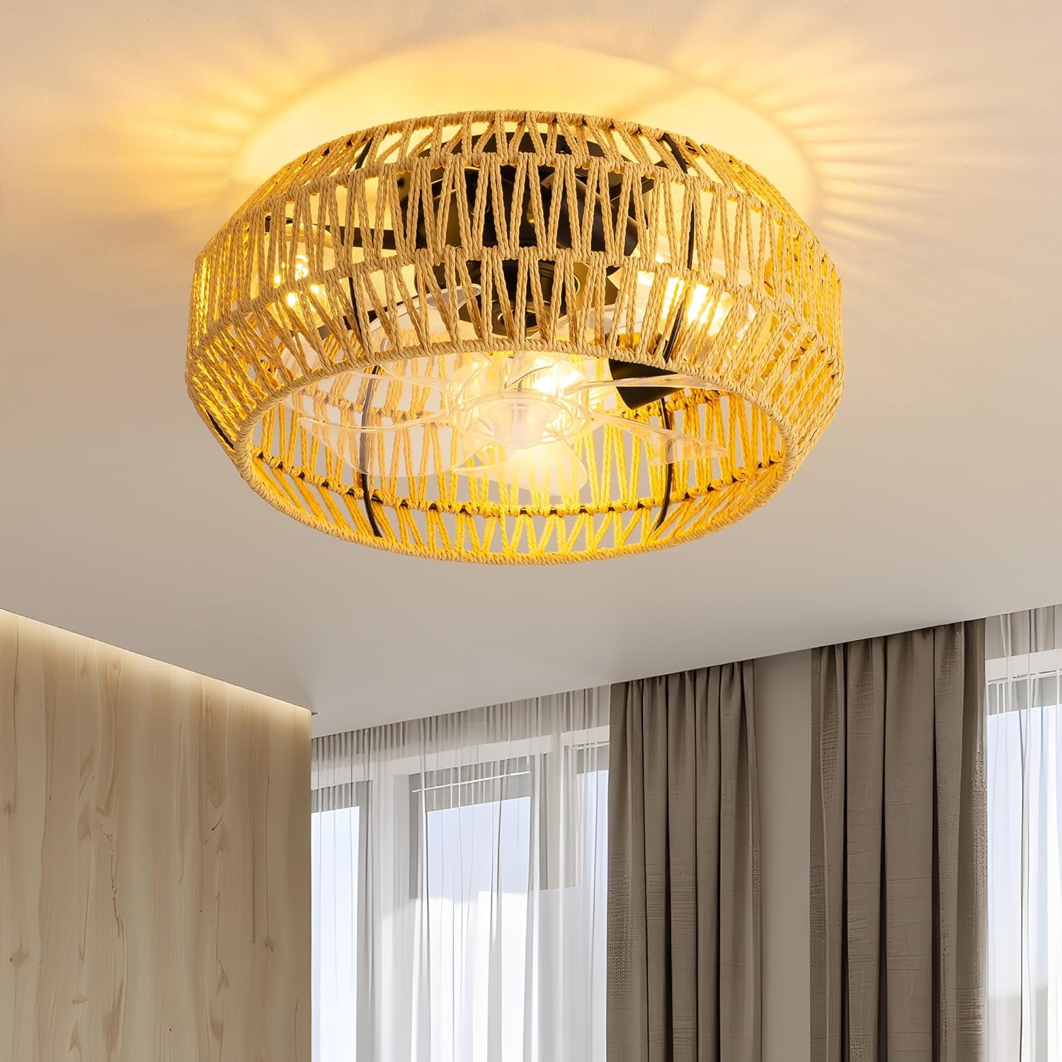 15.8" Boho Cage Ceiling Fan, Retro Light Ceiling Fan with Lights Flush Mount, Low Profile Rattan Ceiling Fans with Lights and Remote Control, Enclosed 6 Speeds for Bedroom, Living Room, Kitchen Style A (15.8in)