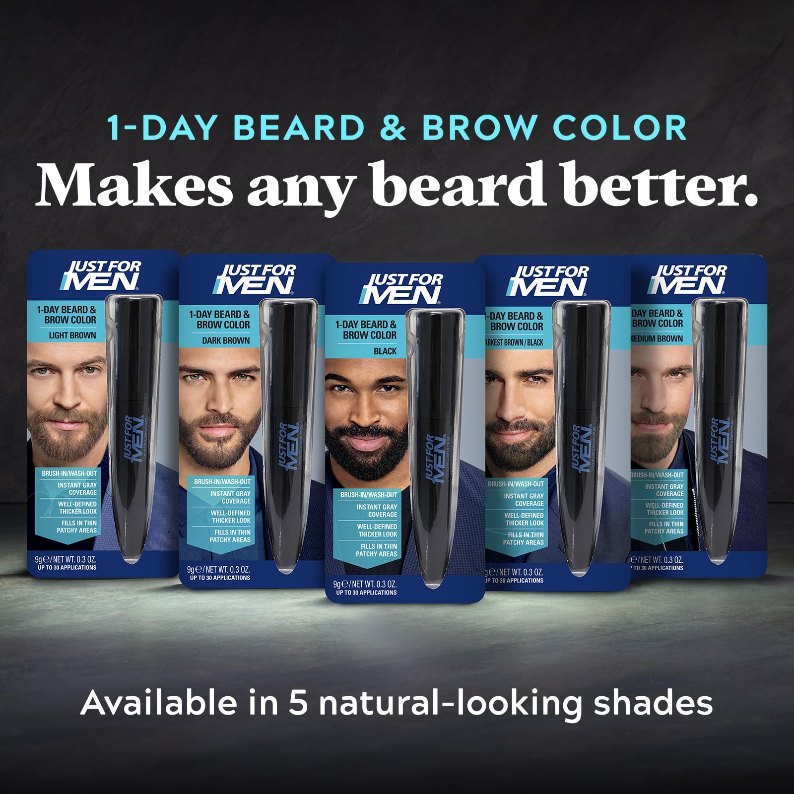 Just For Men Pędzel do brwi i brwi w ciągu 1 dnia do natychmiastowego zakrycia siwych włosów, pędzel, mycie, dla grubszego i dobrze zdefiniowanego wyglądu, prawdziwa czerń