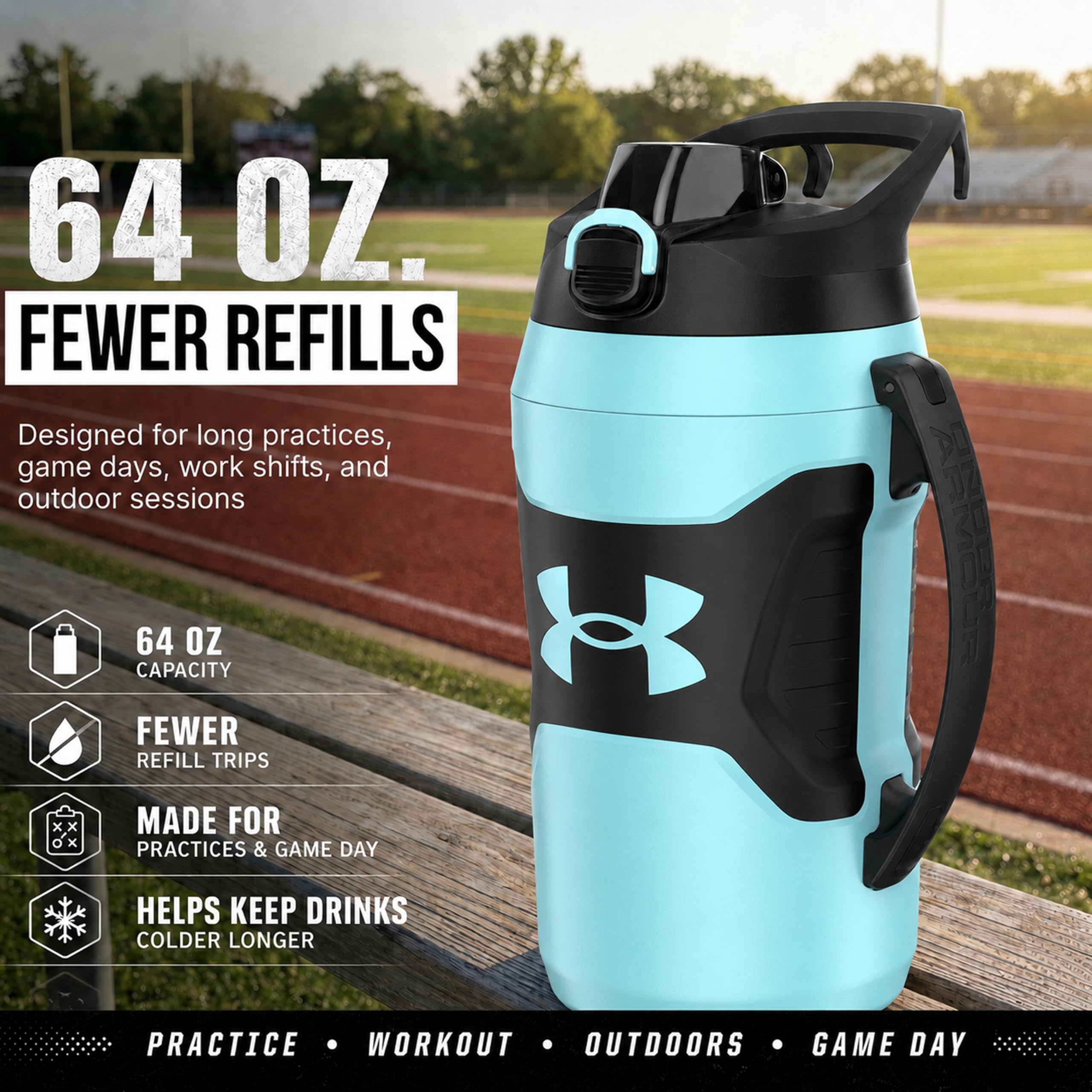 Under Armour Botella de agua de medio galón aislada, botella de agua aislada de 64 onzas con asa, jarra de agua deportiva, gancho de cerca, resistente a fugas, para béisbol, fútbol y más